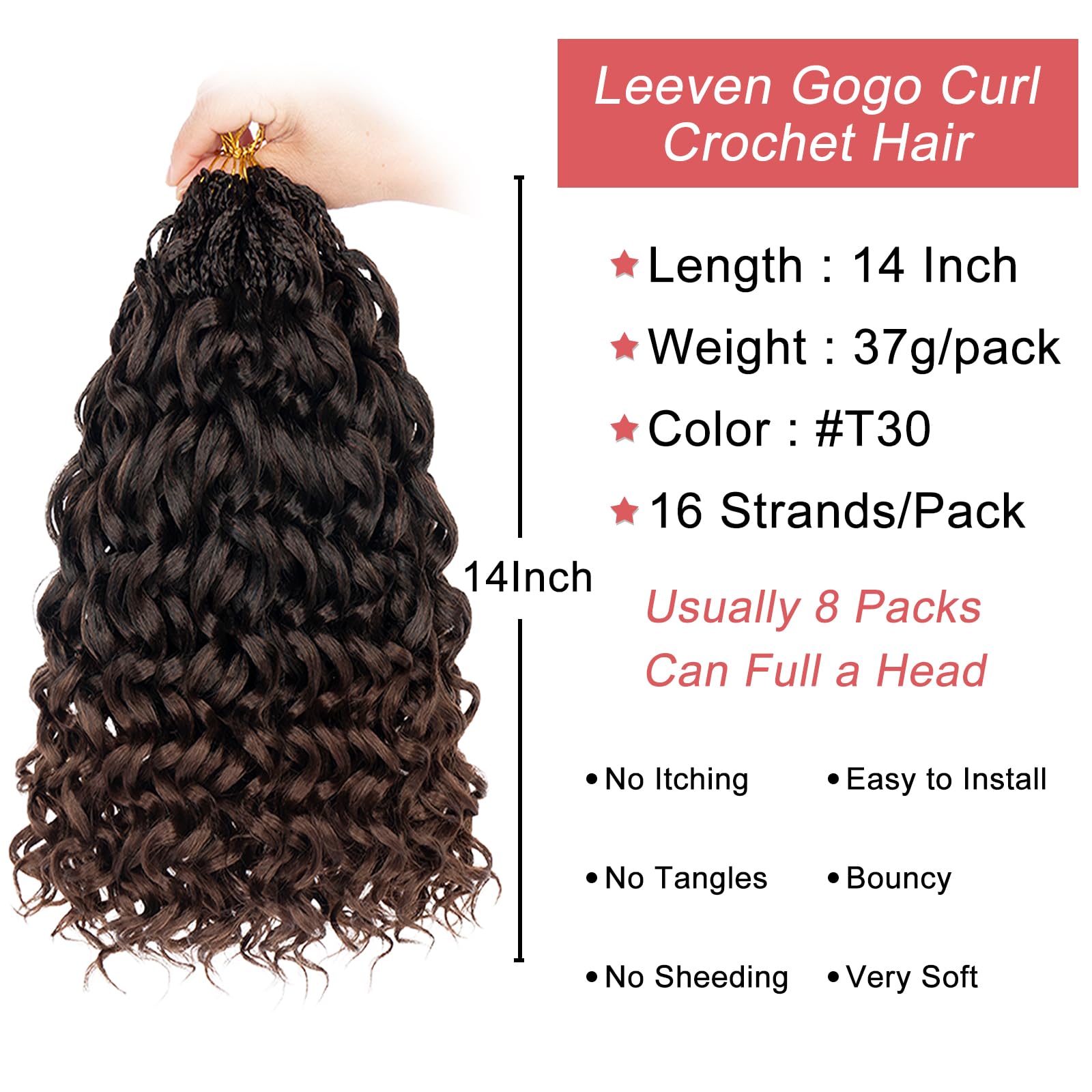 Leeven 14 Inch 8 Packs Gogo Curl Crochet Hair Ombre Brown Pre Looped Ocean Wave Crochet Hair Deep Twist Curly Goddess Box Braids