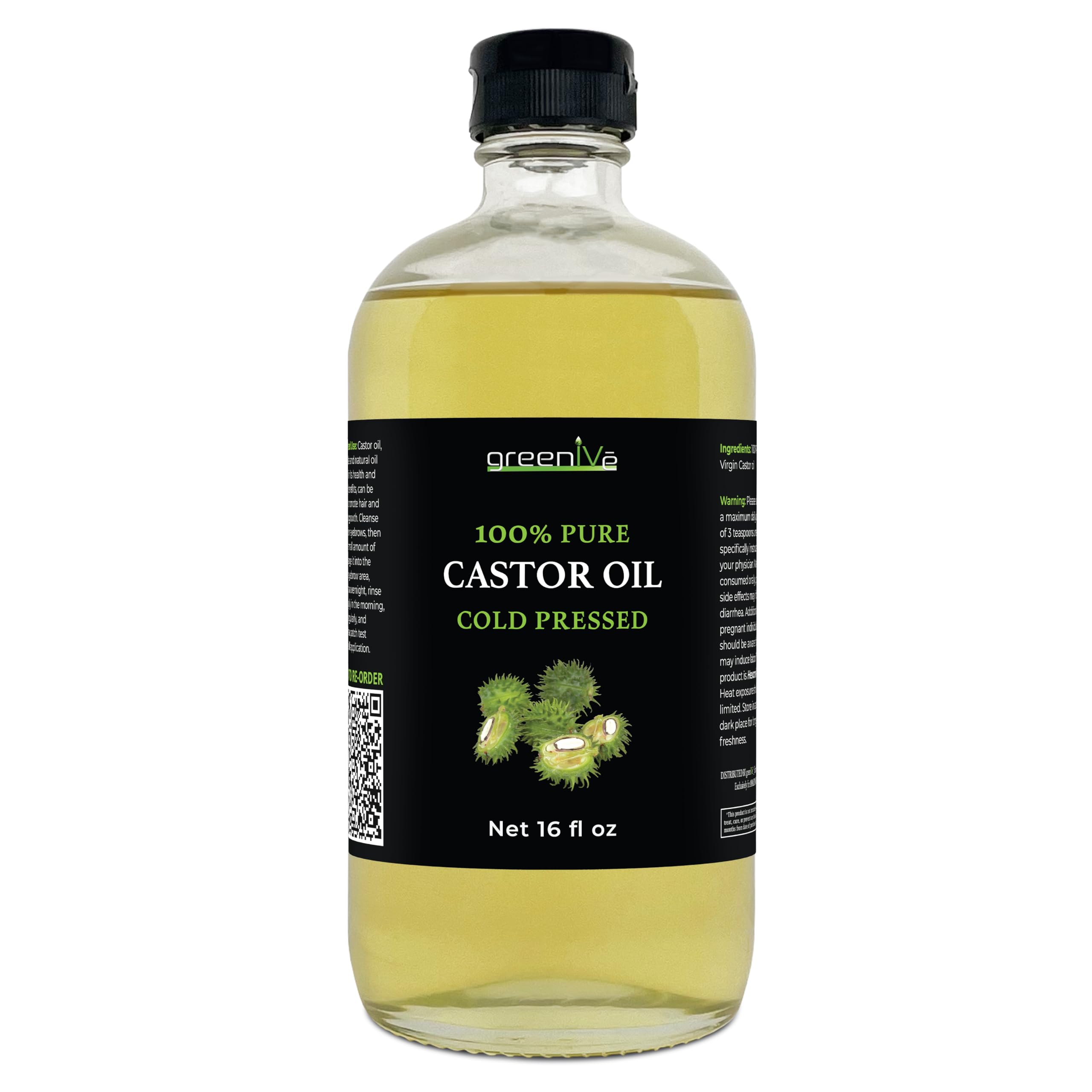 Greenive - 100% Pure Castor Oil Glass - Cold Pressed - Hexane Free - Exclusively On Amazon (16 Ounce)
