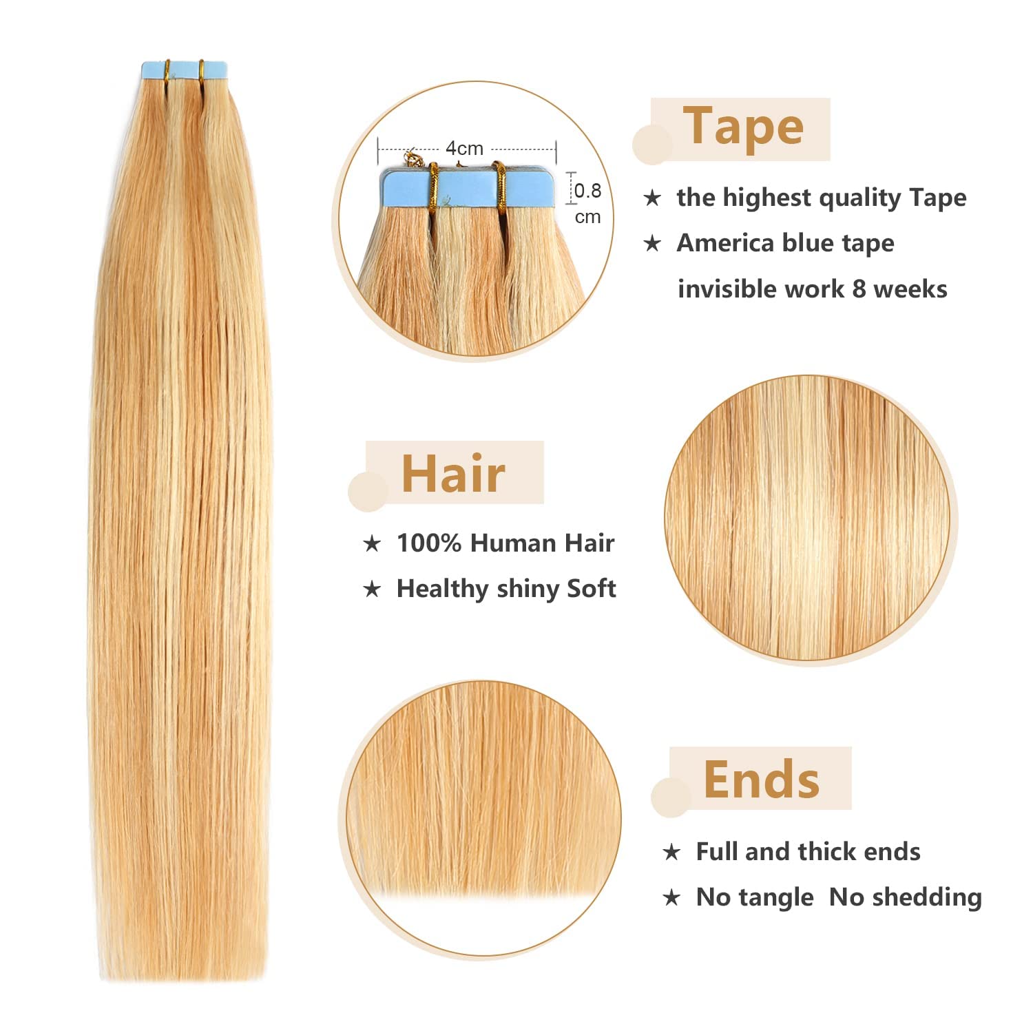 Yilite Tape In Human Hair Extensions 24 Inches 50G 20Pcs Strawberry Blonde #27 Highlighted Bleach Blonde #613 Piano Color, #P27/