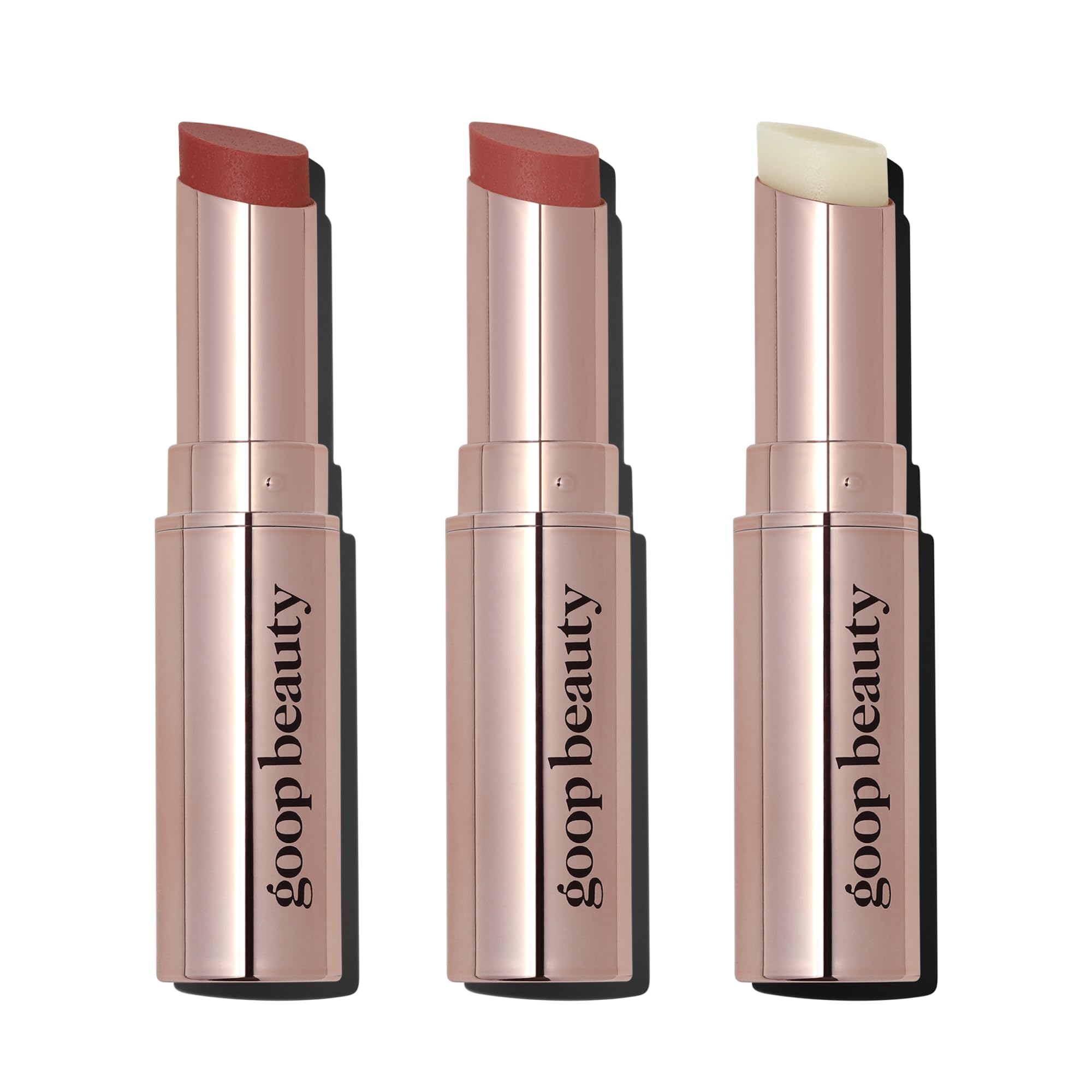 goop Beauty Lip Balm Trio | Moisturizing & Hydrating Lip Balm for Chapped & Dry Lips | Clear, Translucent Garnet, & Sheer Rose |