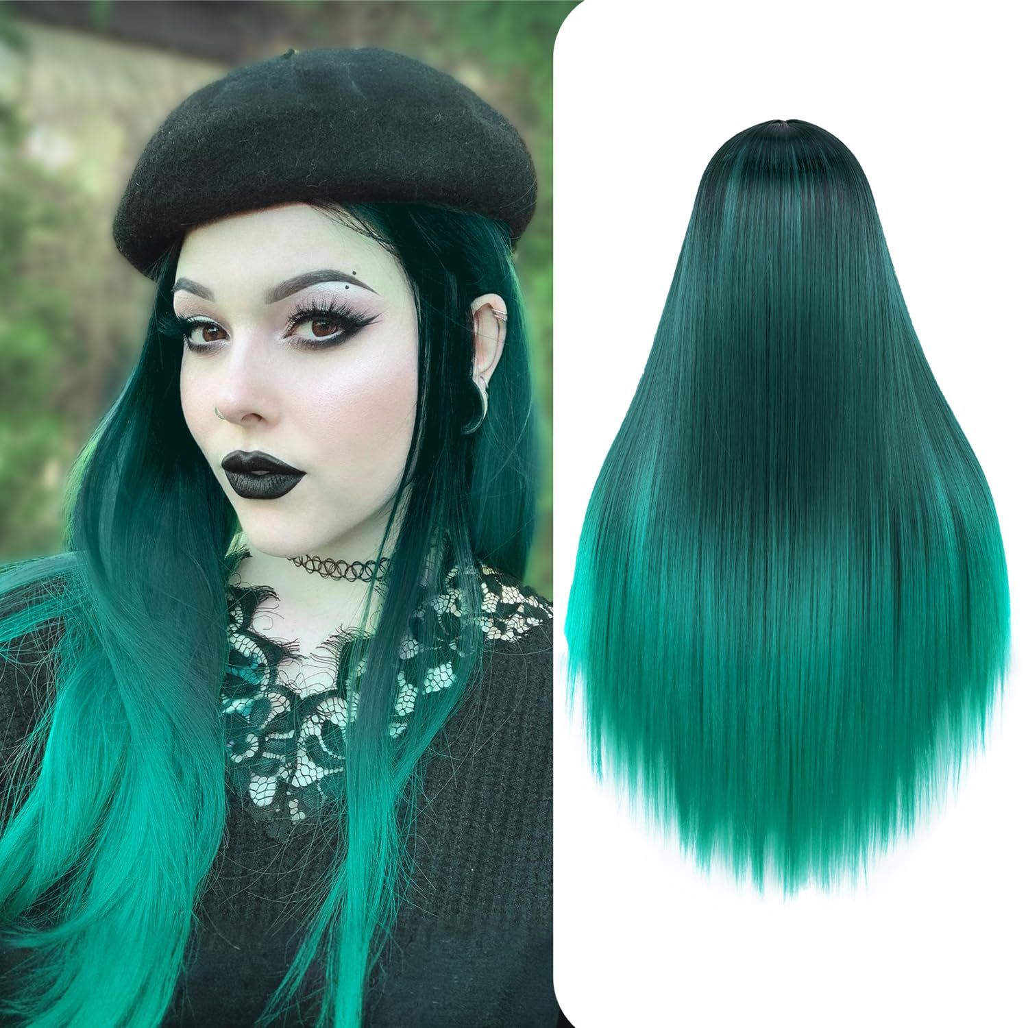 WIGER Straight Green Wigs for Women Ombre Long Green Wig Dark Green to Light Green Colored Straight Cosplay Hair Wig Middle Part