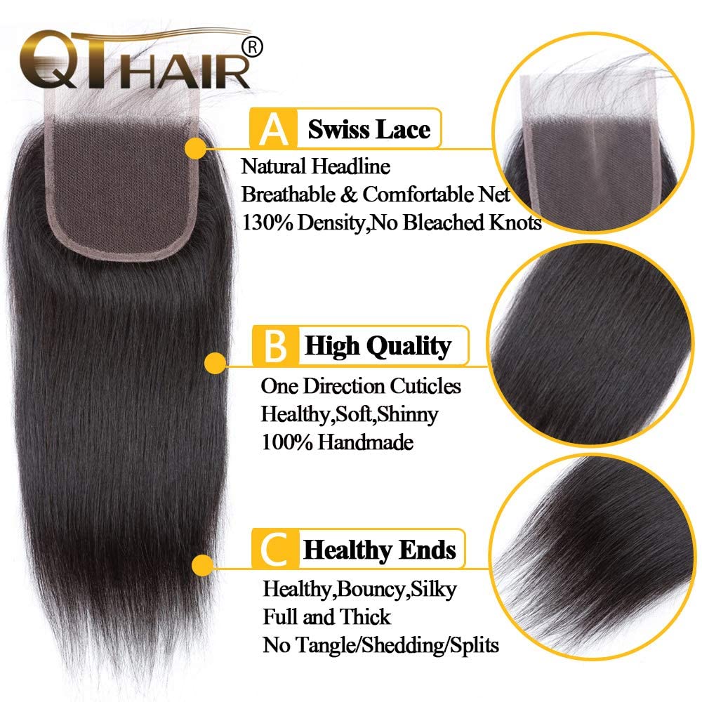 Qthair 14A Virgin Hair Straight Human Hair With Lace Closure (16 18 20+14) 100% Unprocessed Straight Brazilian Virgin Hair Weave