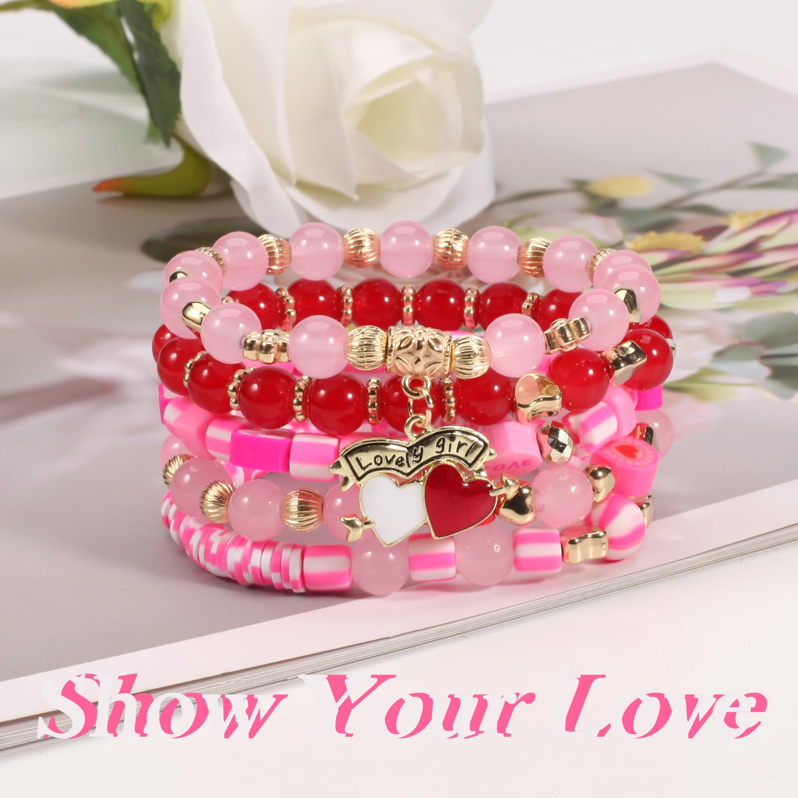 Ardorchid 5 Pack Valentine's Day Heishi Bracelets Cute Pink Red Love Heart Bead Stretch Stackable Bracelet for Women Holiday Bir