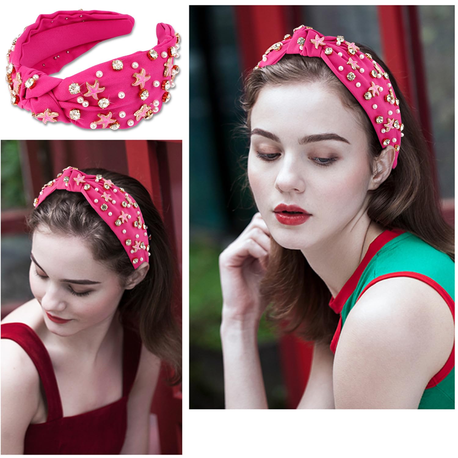 Atoden Hot Pink Headband With Pearl, Rhinestone, Beaded Crystal Jeweled Headbands For Women'S Hair Embellished Headbands, Top Kn