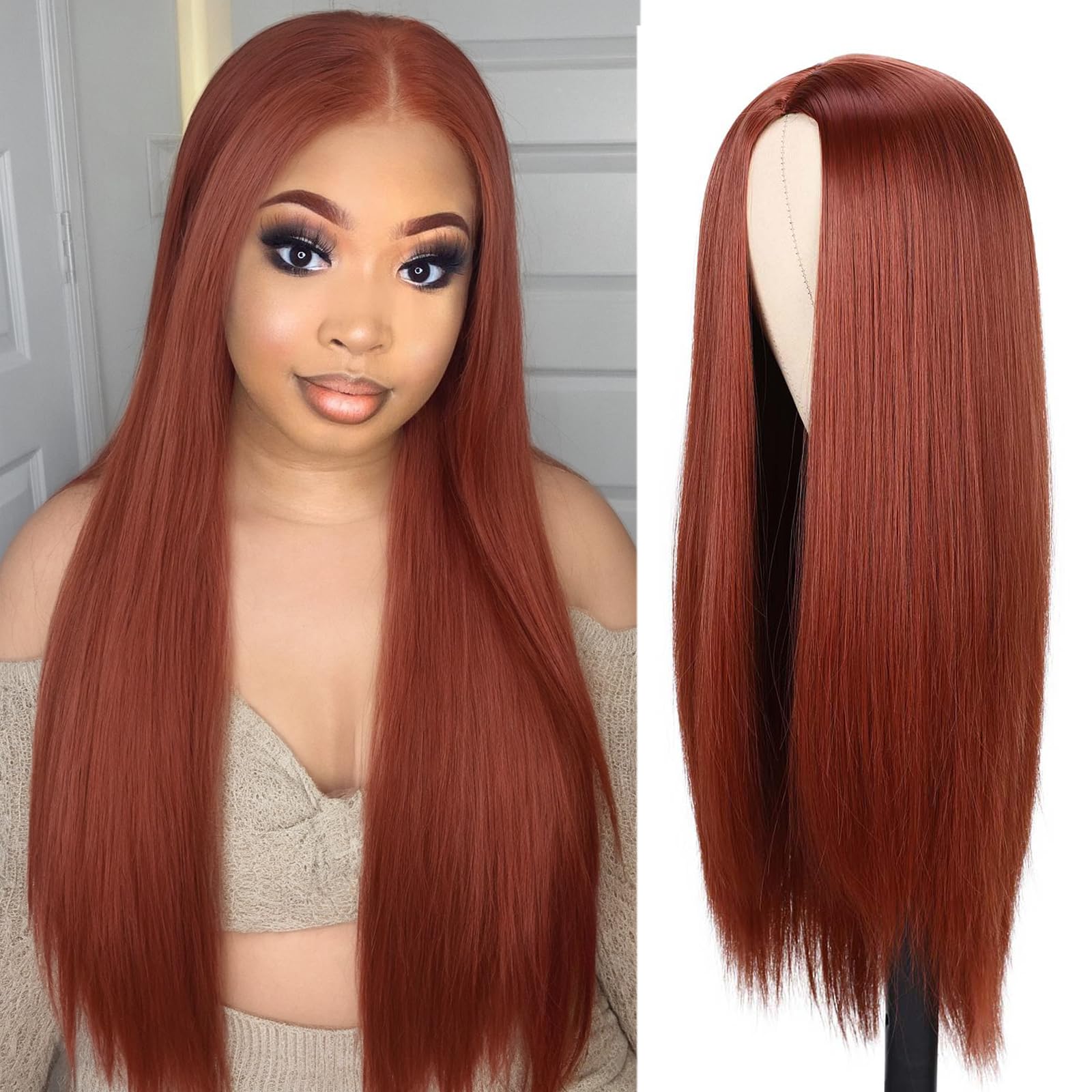 WIGER Long Straight Auburn Hair Wig Ginger Straight Wigs Full Copper Red Cosplay Wig for Girls Synthetic colorful Natural Hair f