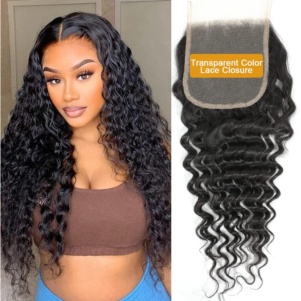 QTHAIR 14A Grade Brazilian Deep Wave Human Hair Closure 100% Unprocessed Brazilian Virgin Hair Deep Curly Hair (12'', 4x4 Closur