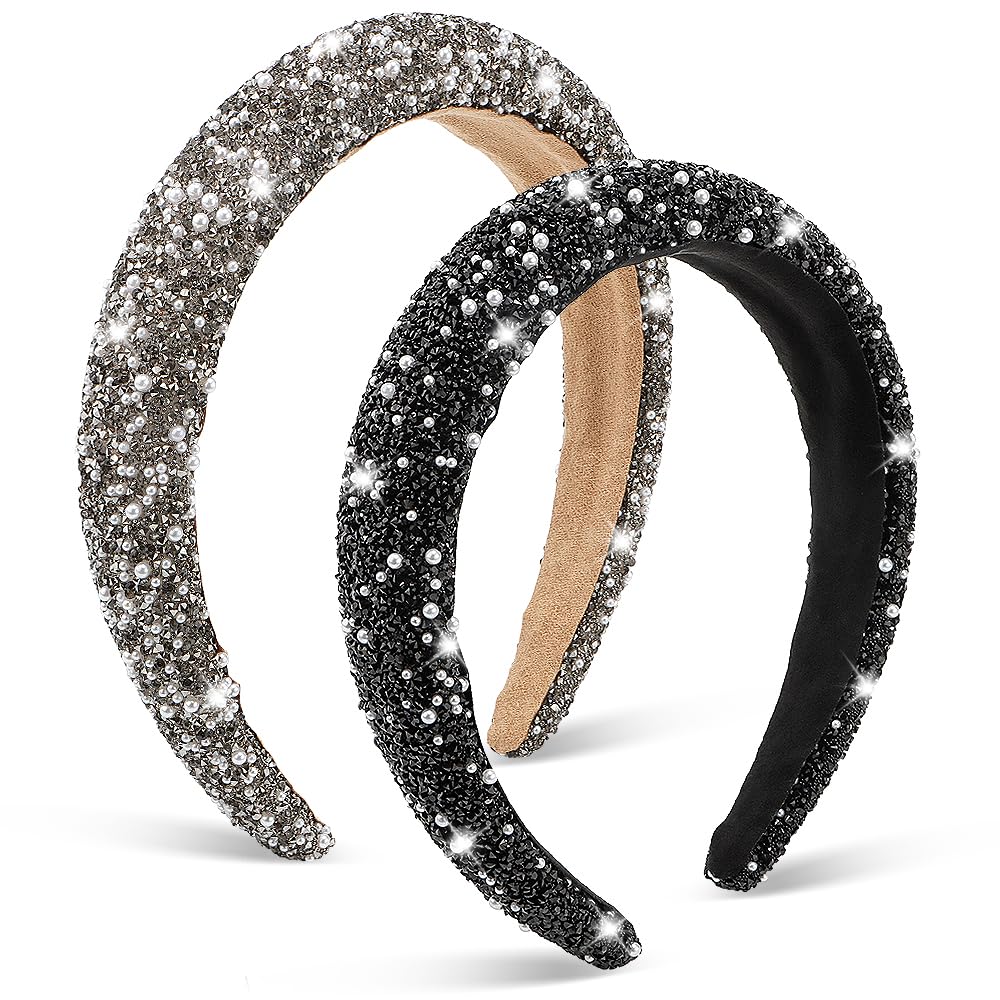 Ahoney 2 Pack Rhinestone Headband Women Girls Thick Padded Headband, Sequin Beaded Pearls Head Band Glitter Cute Headband Birthd