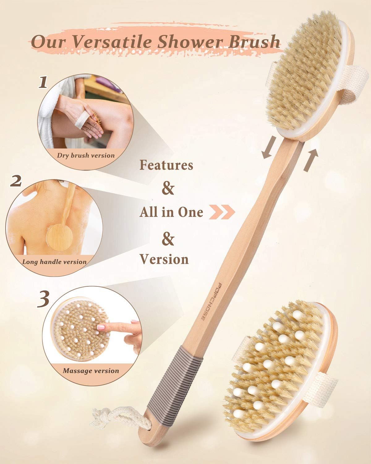 Shower Brush, Popchose Detachable Dry Brushing Body Brush For Body Cellulite And Lymphatic, Back Scrubber For Shower Long Handle