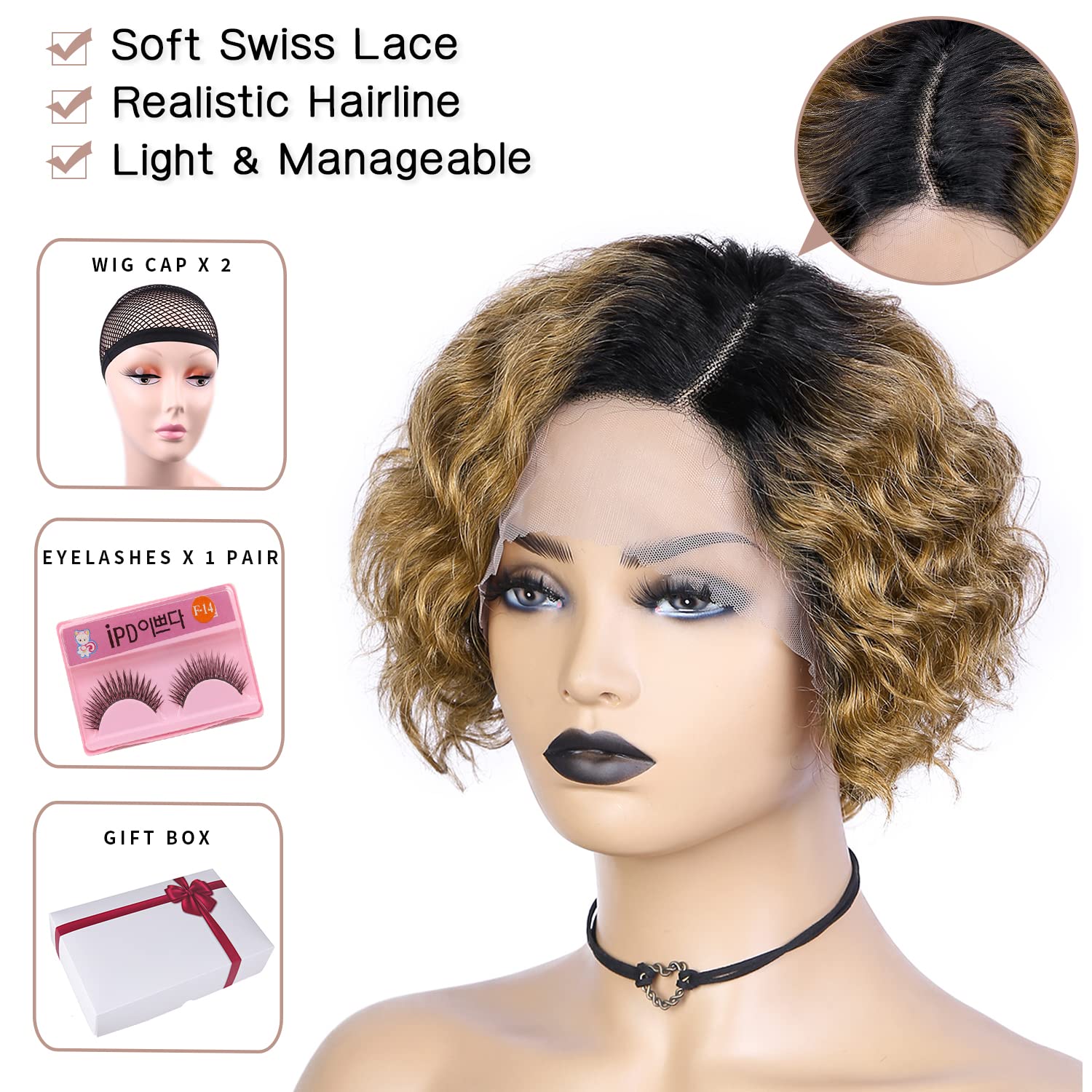 Wiger Short Human Hair Curly Wigs Ombre Curly Bob Hair Wig Brown Short Curly Lace Front Wigs For Black Women 8 Inch Glueless Cur