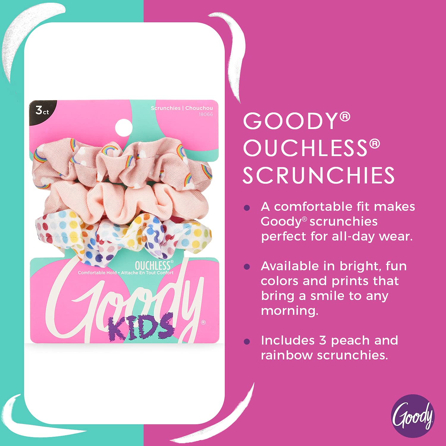 Goody Ouchless Hair Scrunchie - 3 Count, Rainbow & Peach- Help Keep Hairs In Place - Hair Accessories to Style With Ease and Kee