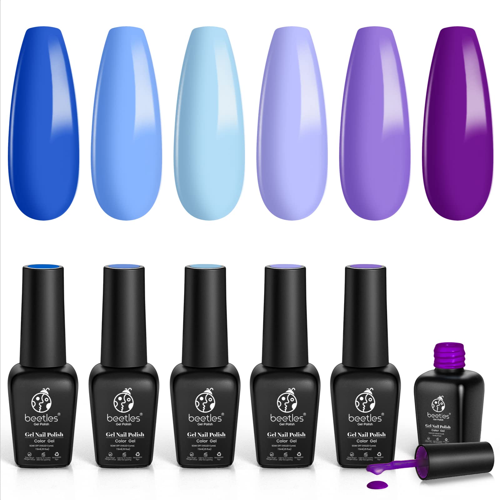 Beetles Blue Purple Gel Nail Polish Set - 6 Pcs Aquamarine Mermaid Gel Polish Set, Soak Off UV LED Nail Lamp Cured Base and Top