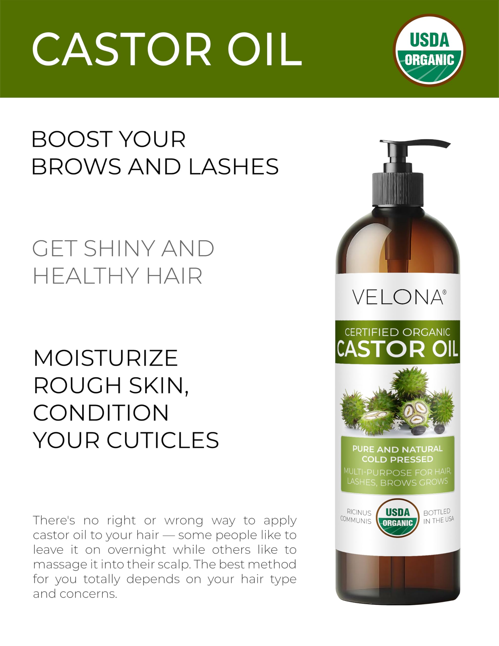 Velona Usda Certified Organic Castor Oil - 32 Fl Oz | For Hair Growth, Boost Eyelashes, Eyebrows | Cold Pressed, Natural Oil, Us