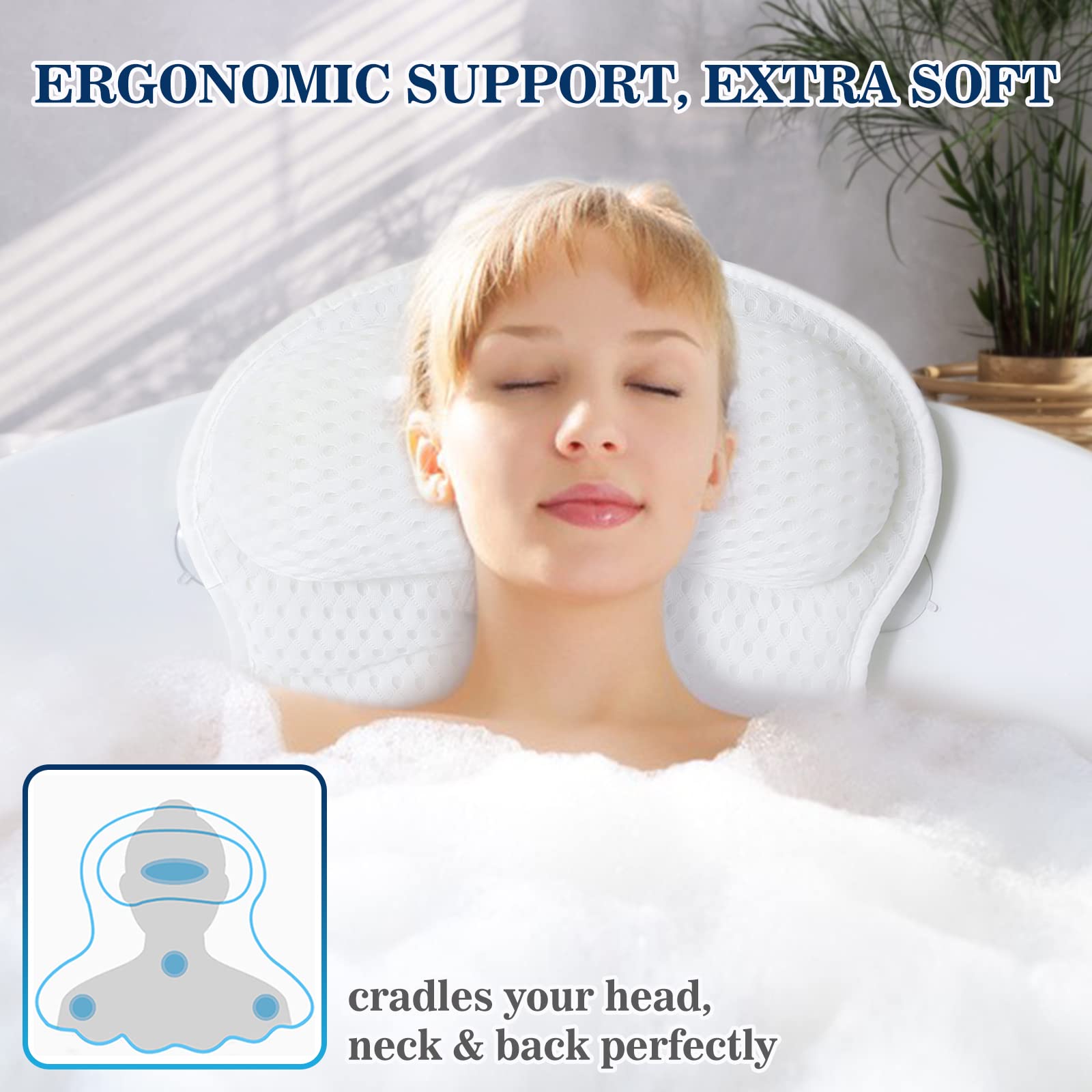 Ozyalo Bath Pillow for Tub - Luxury 4D Mesh, Non-Slip Suction Cups, White, Model 1015, Neck and Back Support