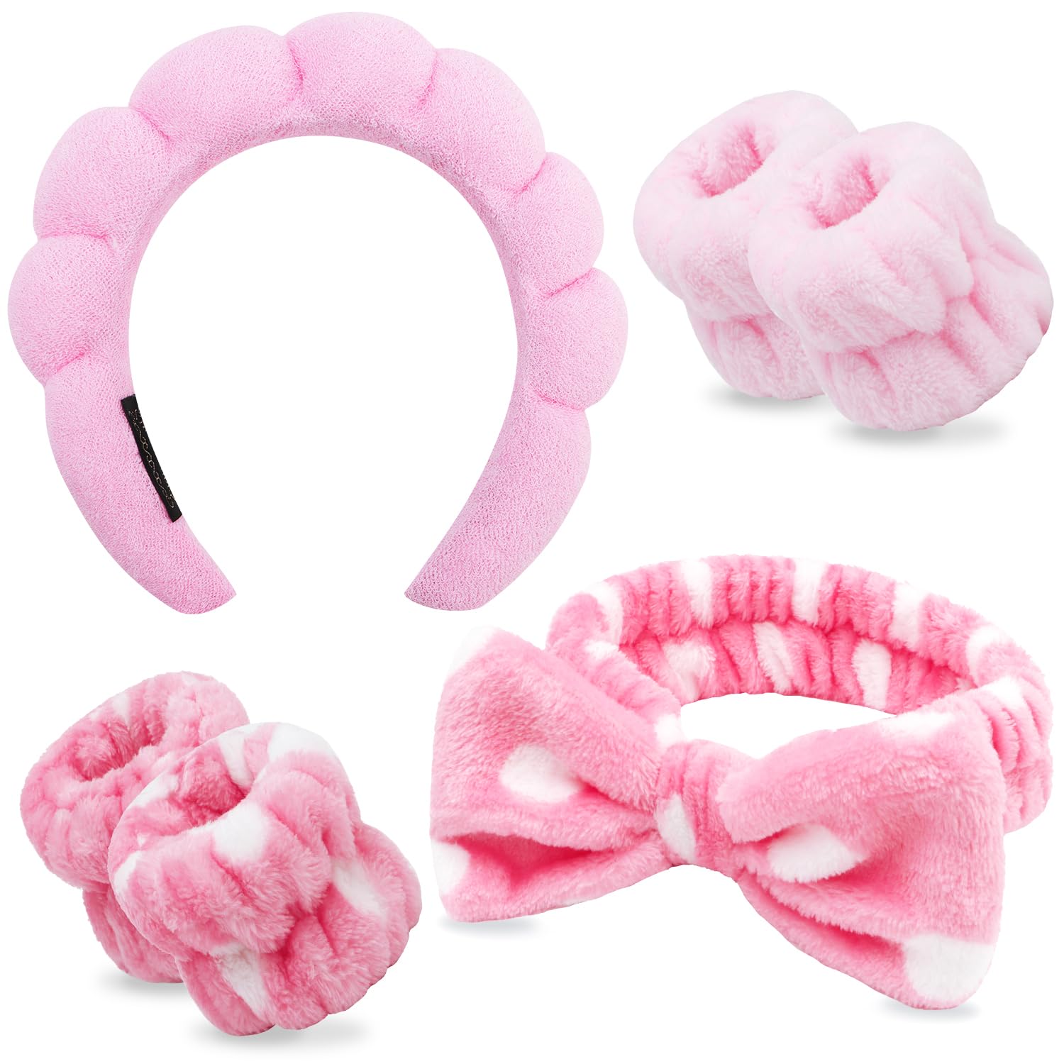 Chanaco Spa Headband 6Pcs - Pink, Pink Dot Color - Microfiber - Hairband For Women Girls - Skincare Headband With Bow - Washing