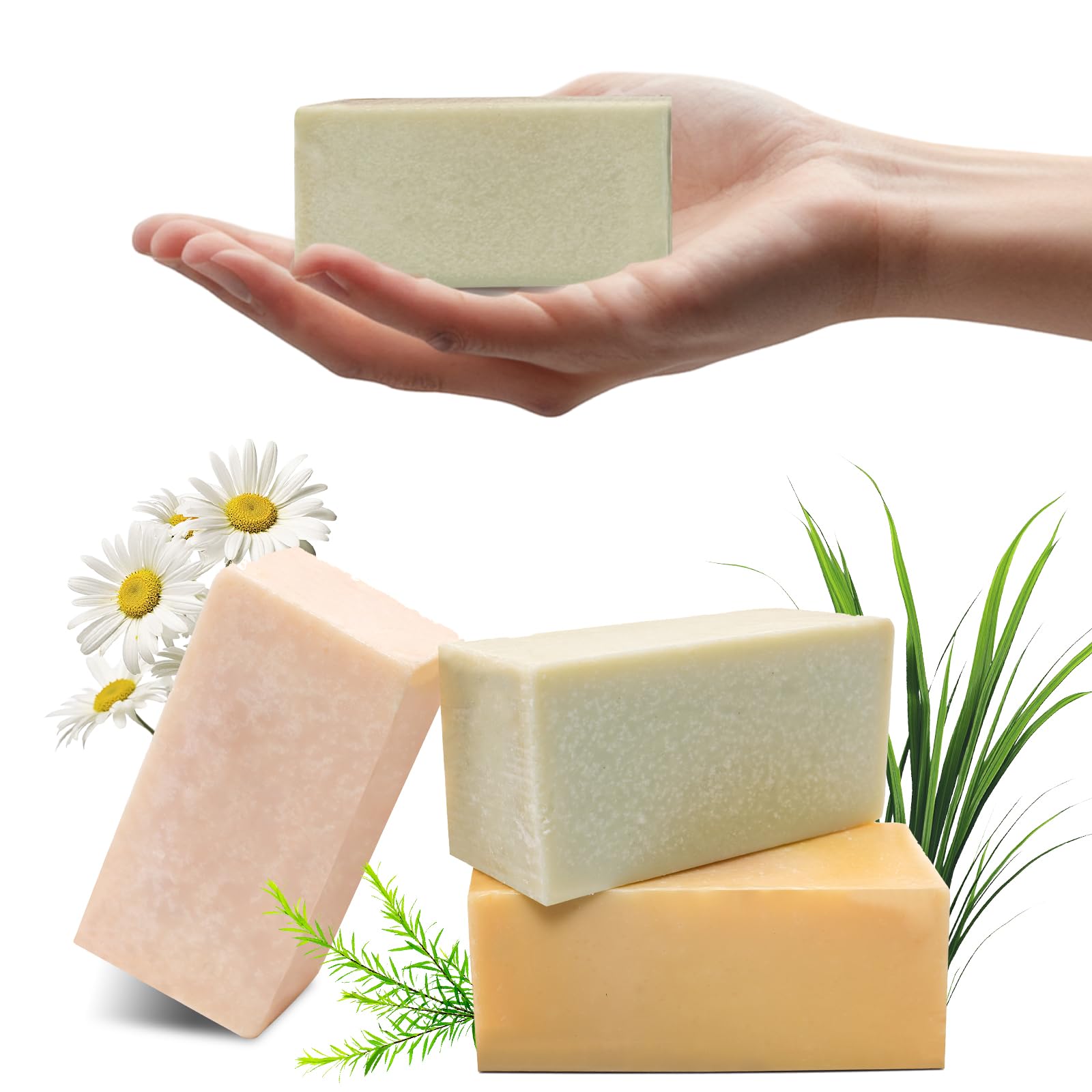 Natural Bar Soap With Vitamin E, Pure Plant Oil Bath Body Soap Variety Soap Pack 3 Bars (Lemongrass, Tea Tree, Roman Chamomile)R