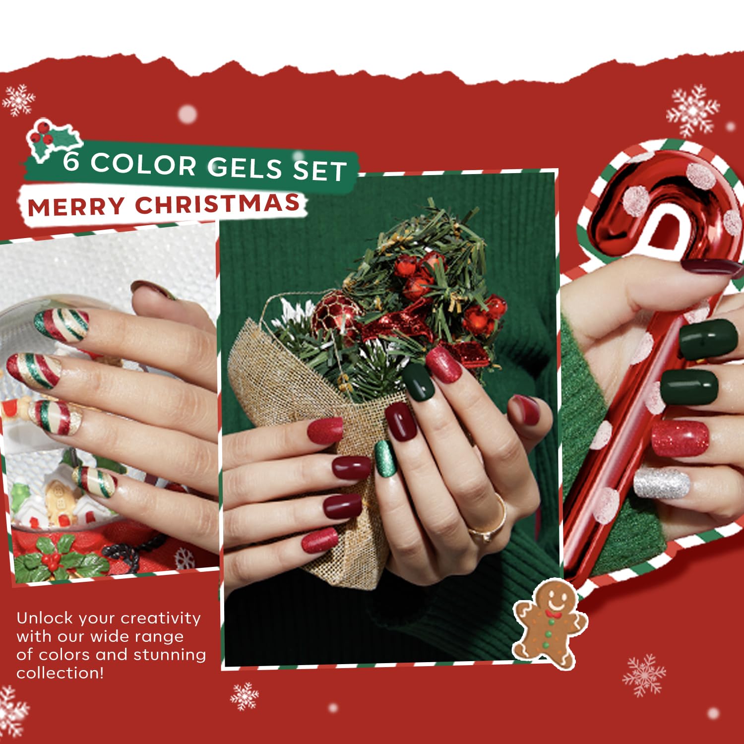 Modelones Acrylic Powder 6 Colors Acrylic Nail Powder Kit Green Glitter Gold Silver Dark Green Red 3D Acrylic Nail Art Nail Exte