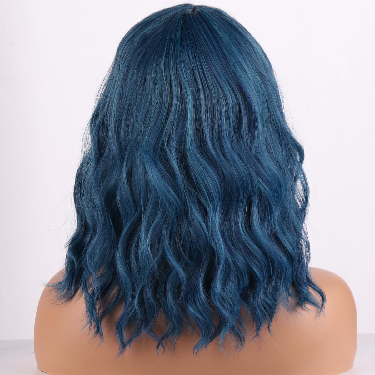 Wthcos Mixed Blue Wig Short Bob Wig Short Curly Wavy Wig With Bangs For Women Blue Wig Heat Resistant Synthetic Hair Wigs For Da