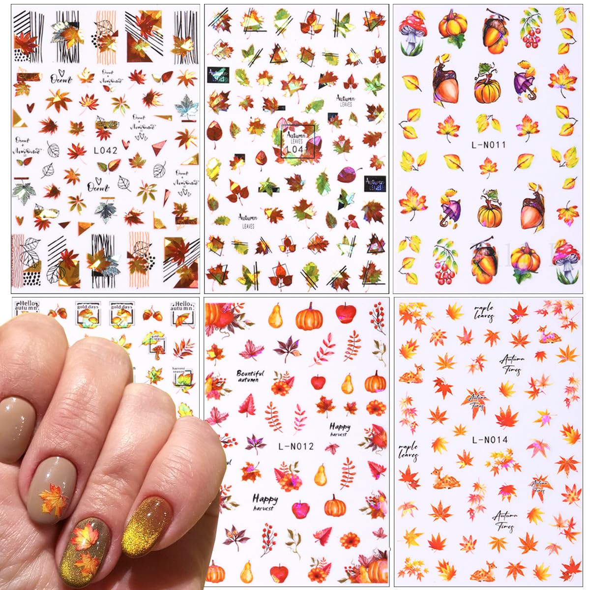 6Pcs Fall Nail Art Sticker - 3D Laser Fall Leaves Nail Stickers Shining Decals For Nails Gold Yellow Maple Leaf Design Thanksgiv