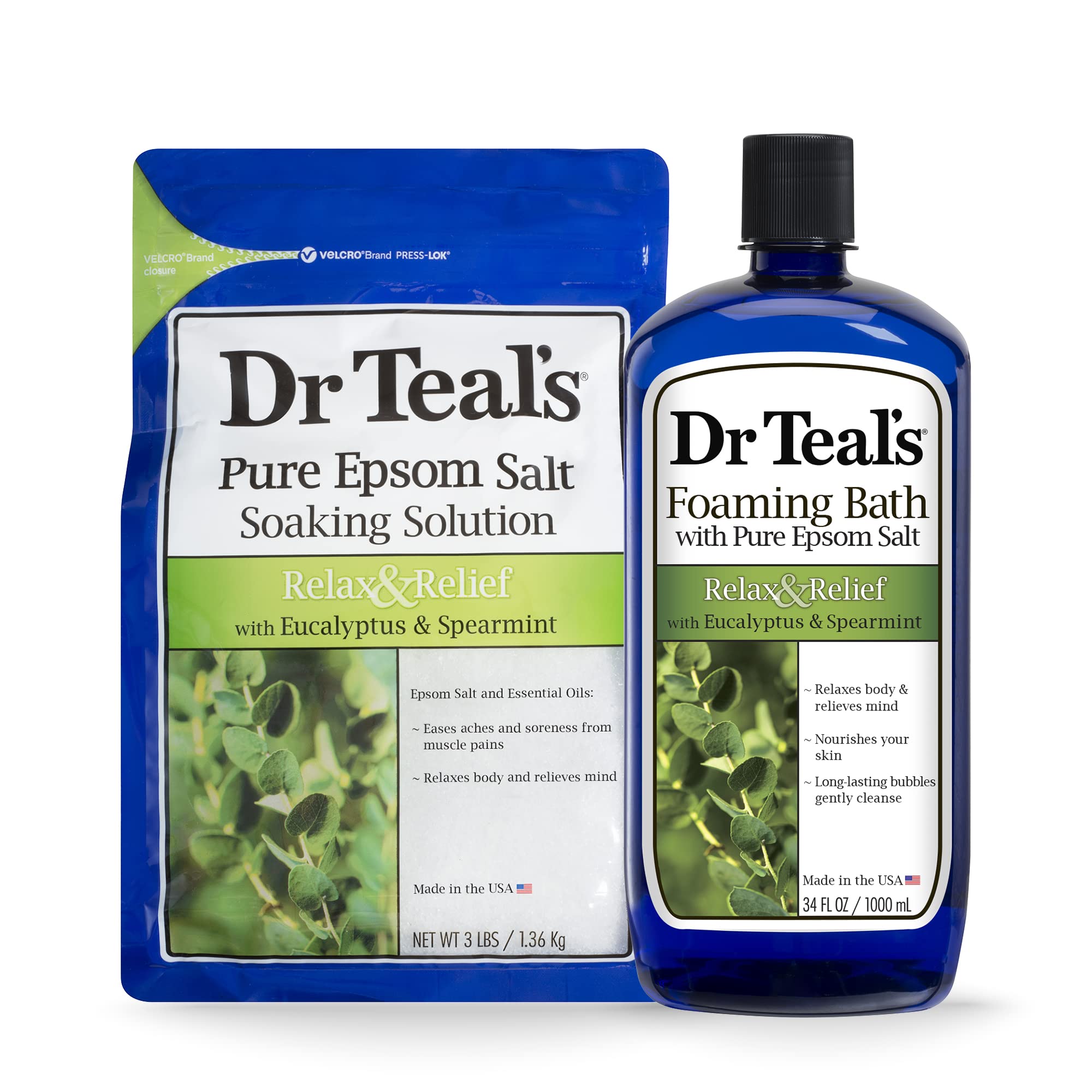 Dr Teals Epsom Salt Soaking Solution And Foaming Bath With Pure Epsom Salt, Eucalyptus 3 Pound Bags, And 34 Ounce Bottle (Packag