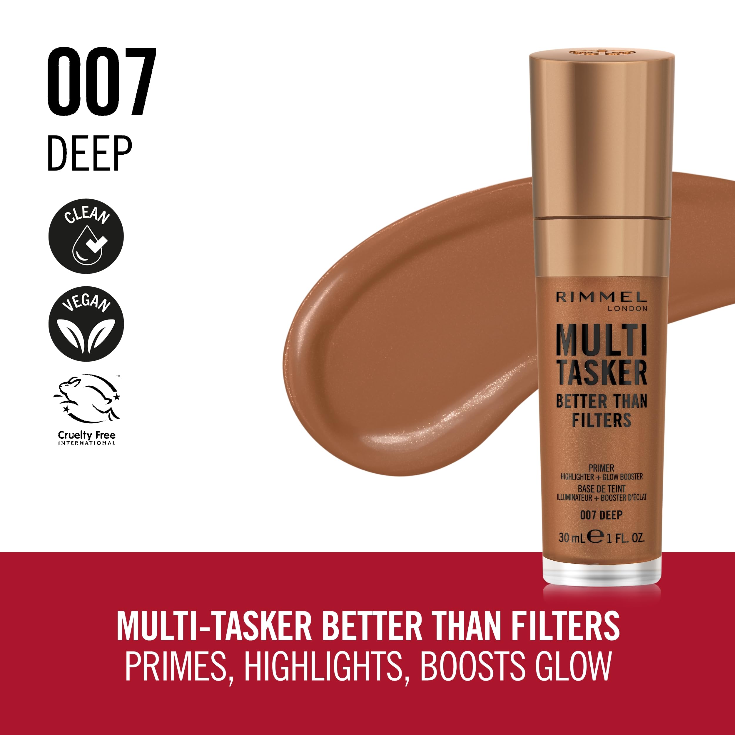 Rimmel Multi-Tasker Better Than Filters, 007 Deep, Face Primer, Glow Booster And Highlighter, Vegan Formula, Anti-Ageing Benefit