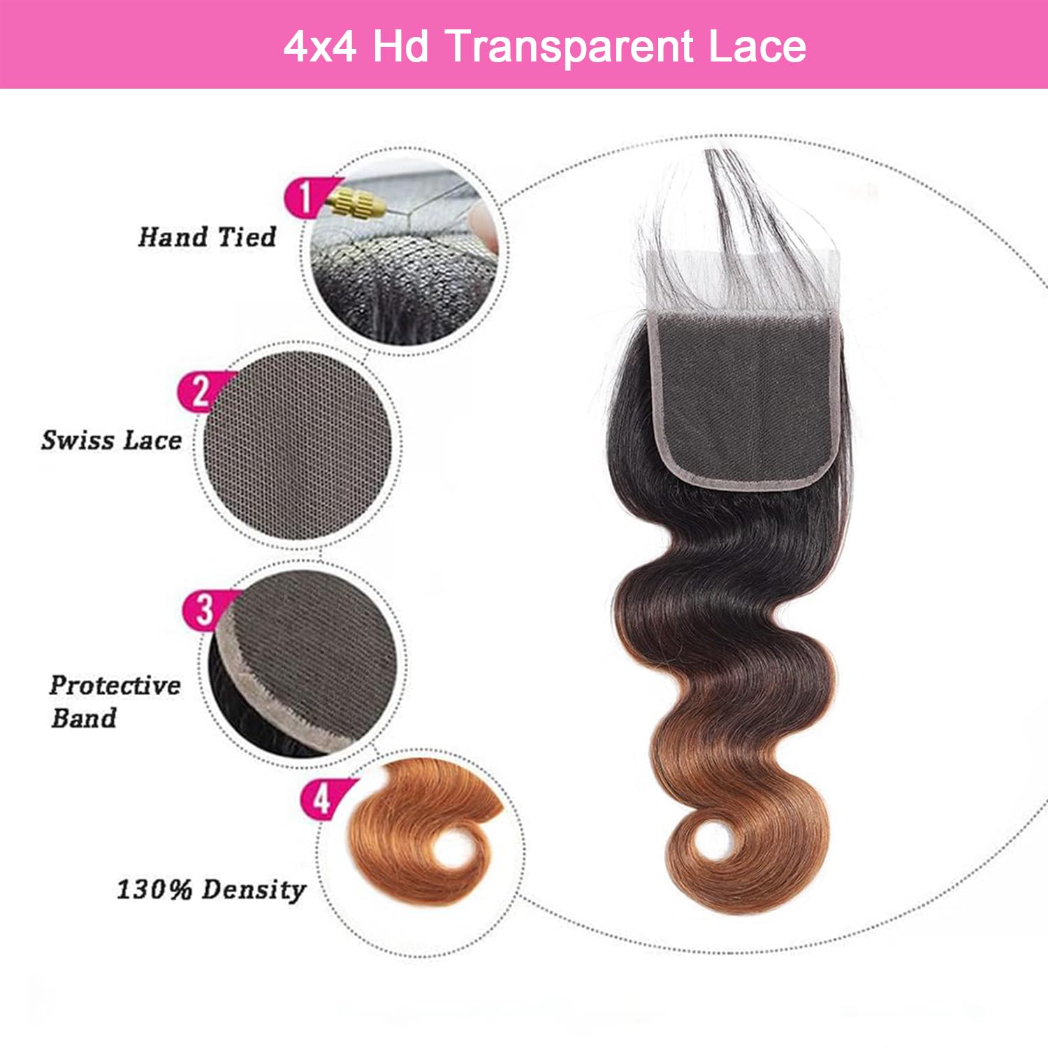 1b/30 4x4 Hd Transparent Lace Ombre Closure Brazilian Virgin Hair Body Wave 20 Inch Honey Blonde Closure Pre Plucked With Baby H