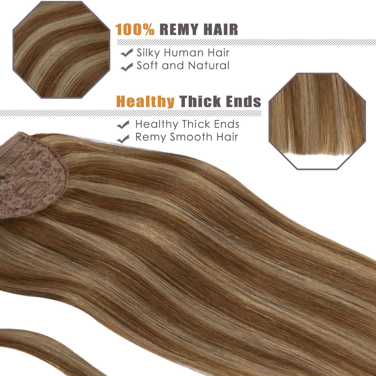 Lacer Ponytail Extension Human Hair Dark Brown With Light Brown Highlight Hair Extensions Wrap Around Ponytail For Girls Long 18