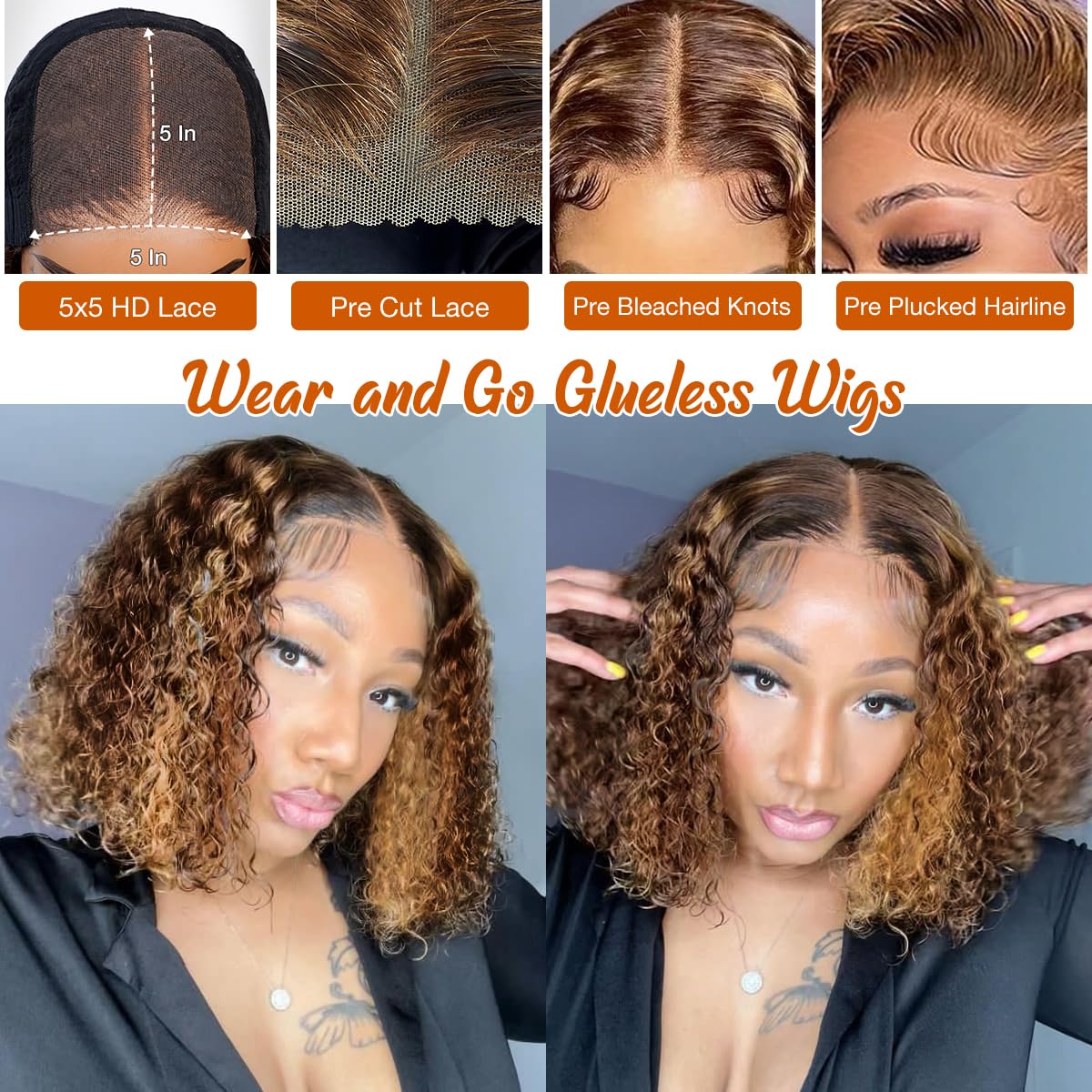 Smilegirl Highlight Glueless Bob Wig Human Hair Pre Plucked Pre Cut, P4/27 Ombre Honey Blonde Curly Human Hair Wig Glueless Wear