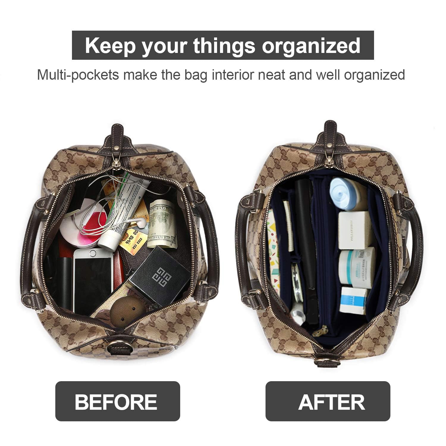 OMYSTYLE Navy Large Purse Organizer Insert for Handbags, Felt Bag Organizer for Tote & Purse, Tote Bag Organizer Insert with 5 S