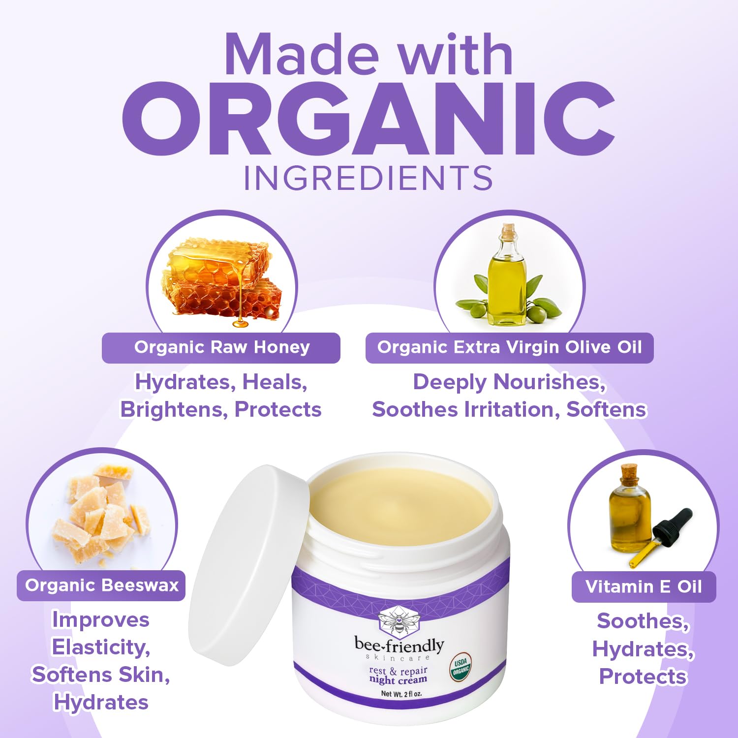 BeeFriendly Organic Night Cream, USDA Certified Organic, Deep Hydrating & Moisturizing Night Time Eye, Face, Neck & Decollete Cr