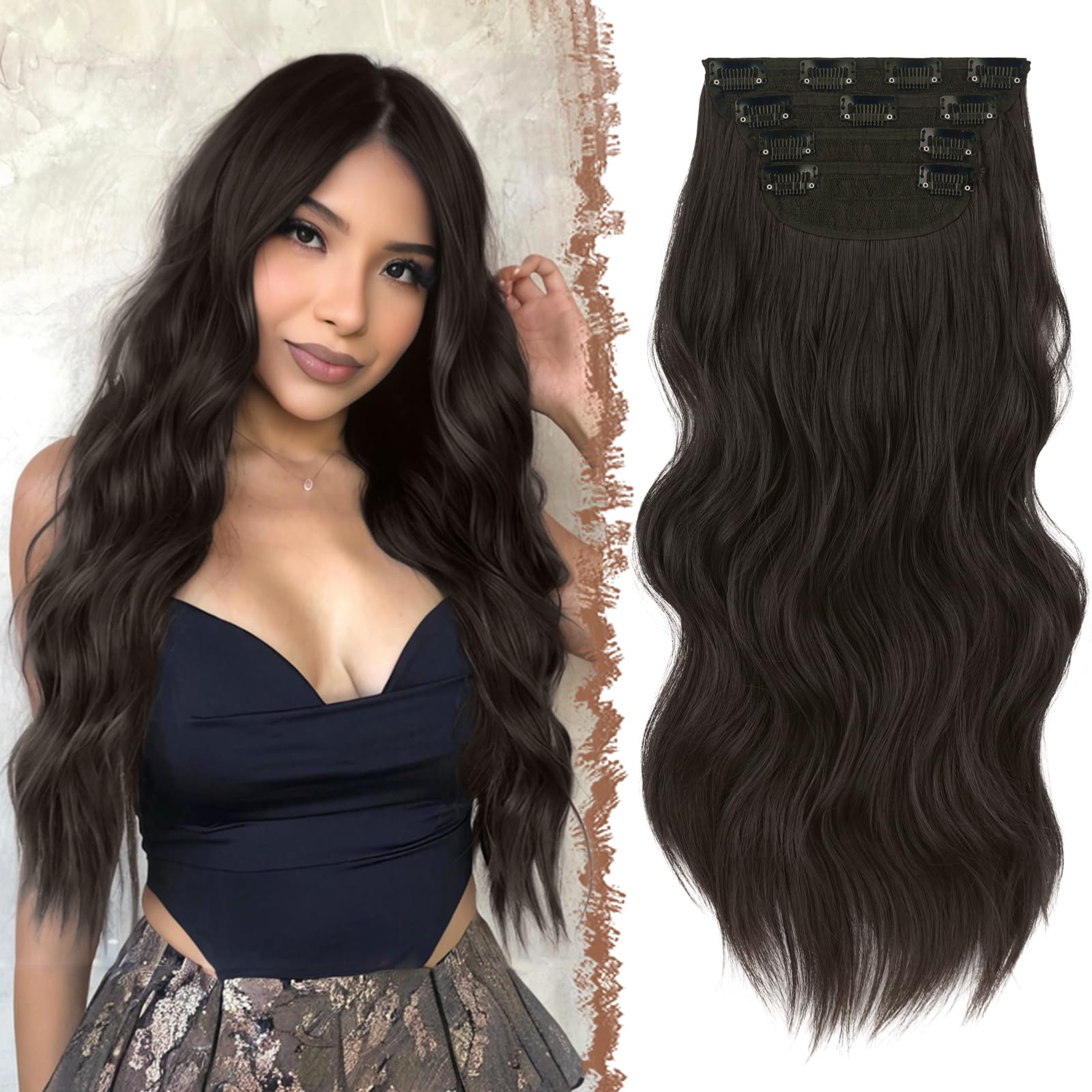 FESHFEN Clip in Hair Extensions - 4 PCS Long Wavy Thick Clip in Hairpieces Full Head Synthetic Hair Extension for Women, 20 Inch