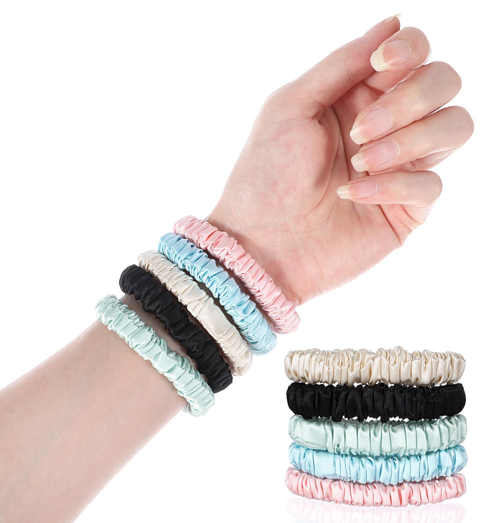 Skinny Scrunchies, 5 Pcs Thin Scrunchies, Silk Ponytail Holders for Girls, Women, Sleeping, Daily Use (Multi-colored)