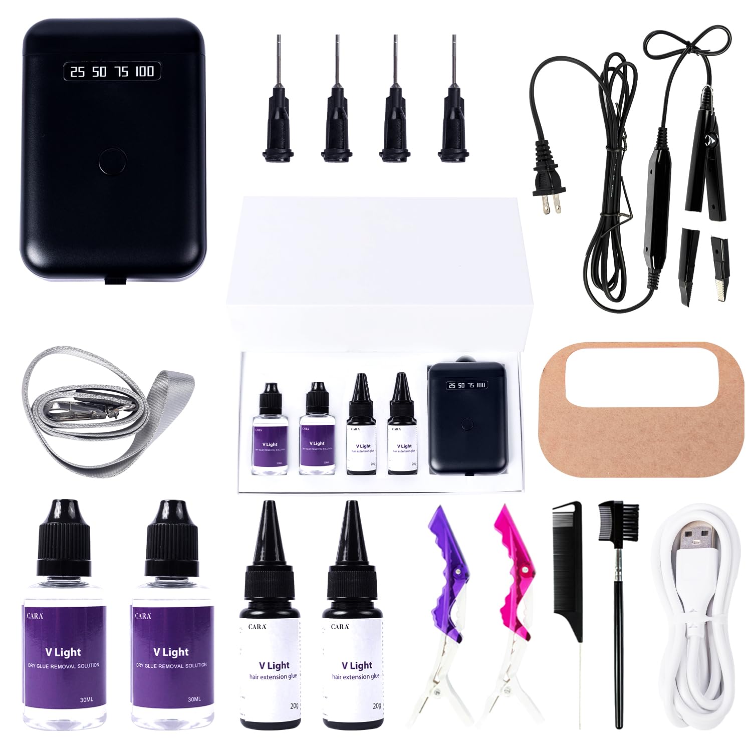 V Light Hair Extensions Kit Mini V Light Hair Extension Set With V Light Lamp*1 V light glue*2 Hair Extensions Remover*2 VLight 