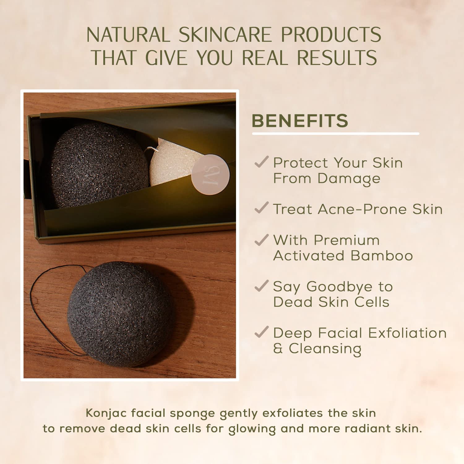 Csm Organic Konjac Sponges 3-Pack For Gentle Exfoliating - Facial Cleansing Sponge With Activated Bamboo Charcoal To Clean Pores
