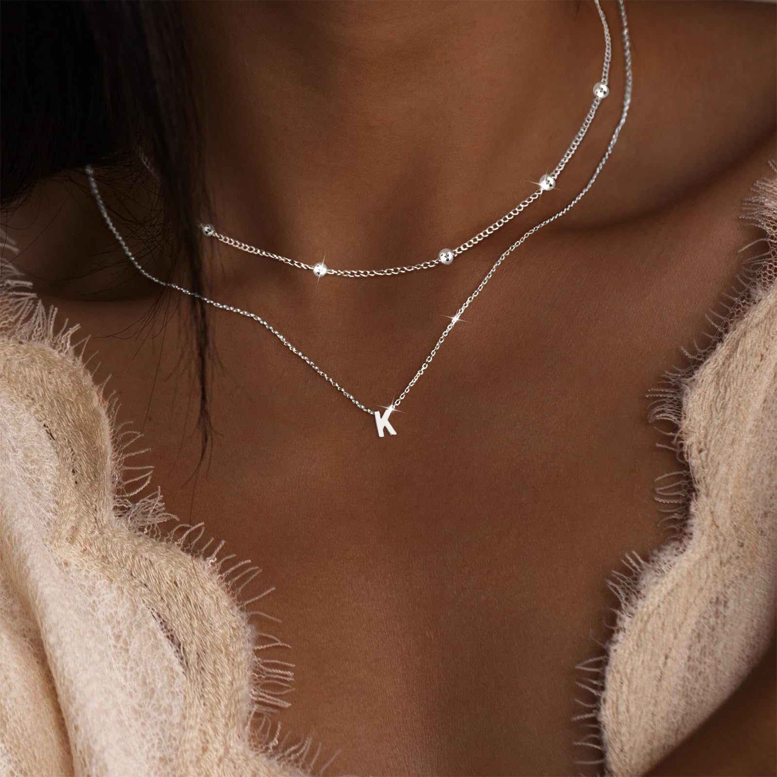 Poxtex Valentine's Day Gift Sterling Silver K Initial Necklace Engraved Initial Charm Necklace Letter Tag Necklace Minimalist Ch