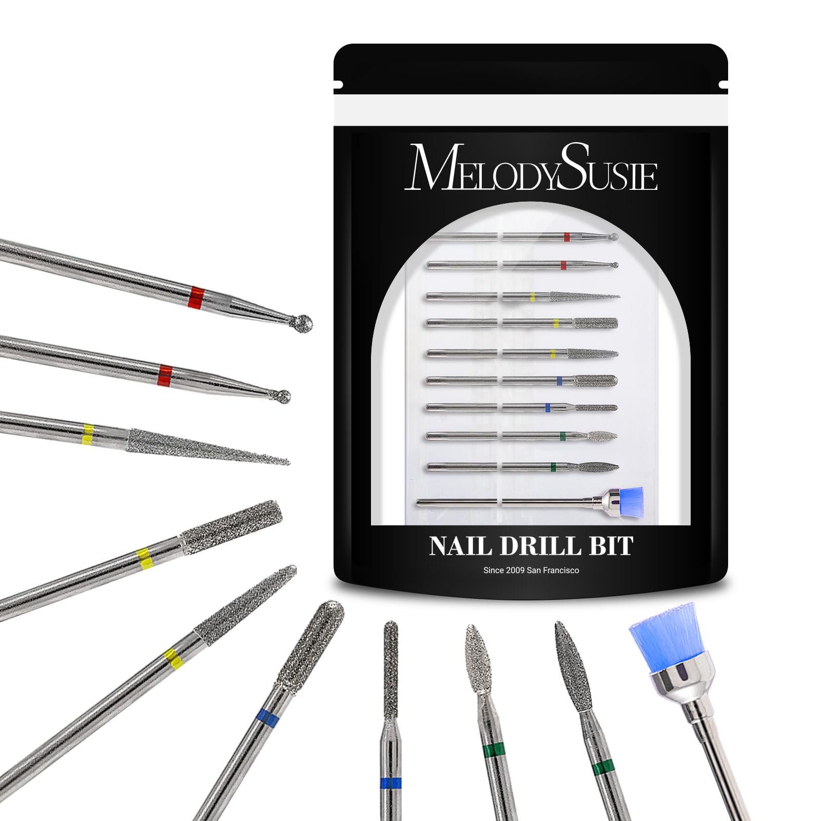 MelodySusie 10pcs Nail Drill Bits Set, 3/32 Inch Diamond Cuticle Nail Bits Kit for Nail Drill E-File, Manicure Pedicure Remover