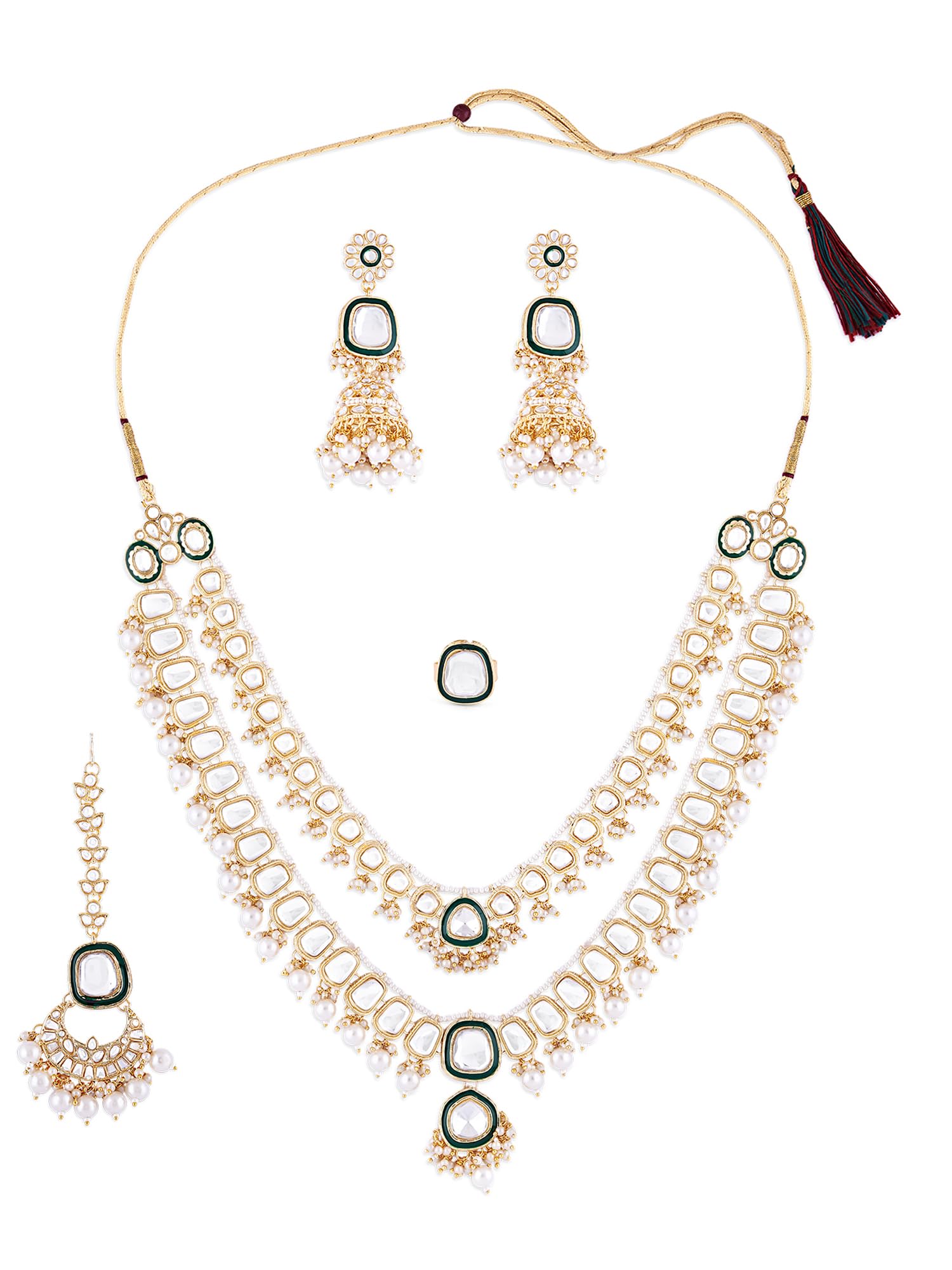 Zaveri Pearls Green Meenakari Dazzling Kundan Layered Bridal Necklace Earring Maangtikka & Ring Set For WomenZpfk16094