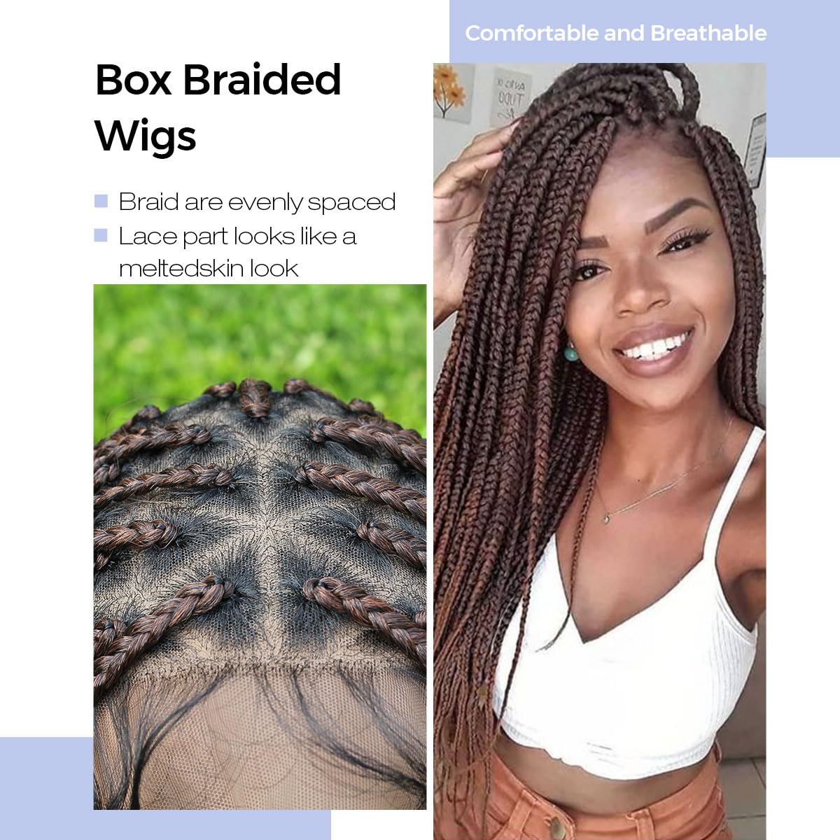 KRALER 36 inch Box Braided Wigs for Black Women, Ombre Auburn Knotless Triangle Based Small Box Braids Wig, Embroidery Full Doub