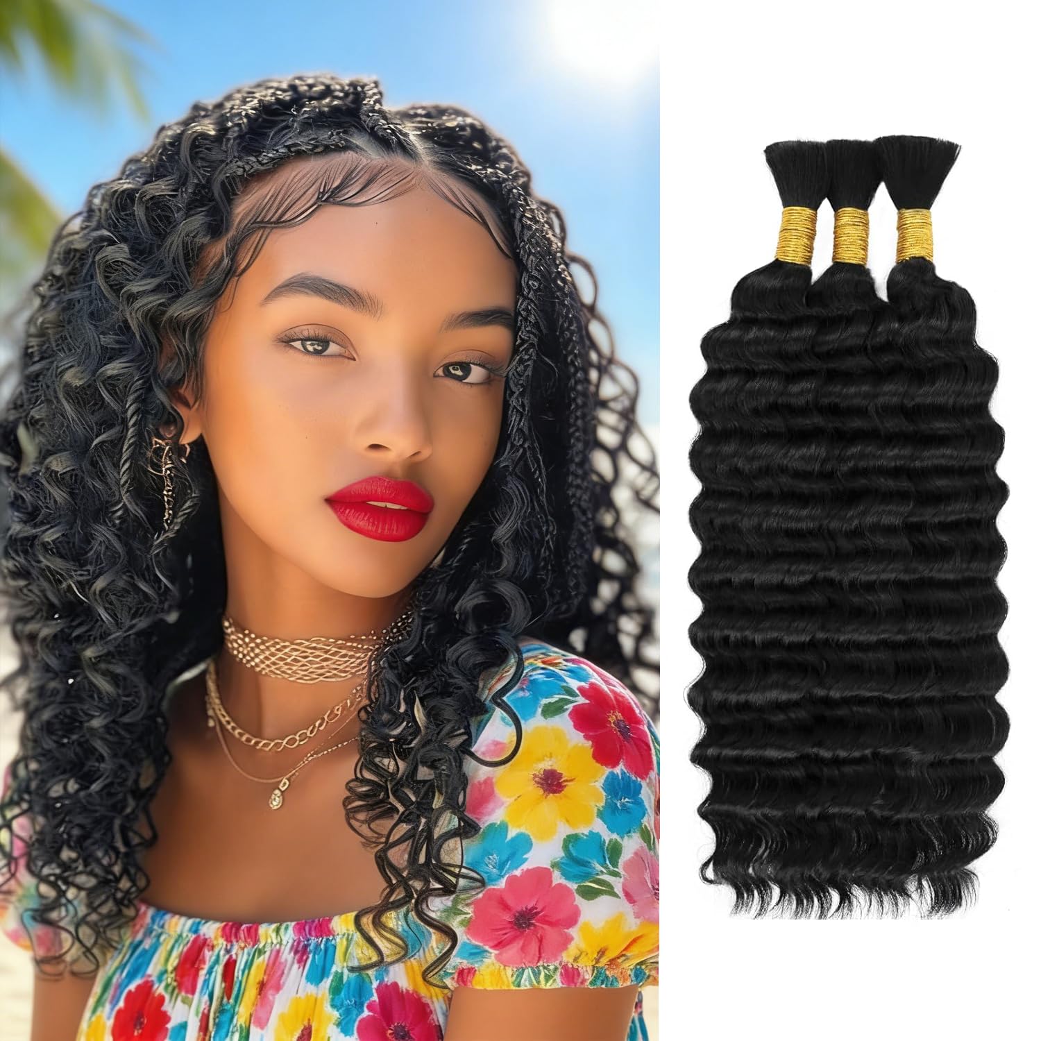 #1B Boho Hair for Braiding, 24 Inch Deep Wave Human Hair for Braids 150g