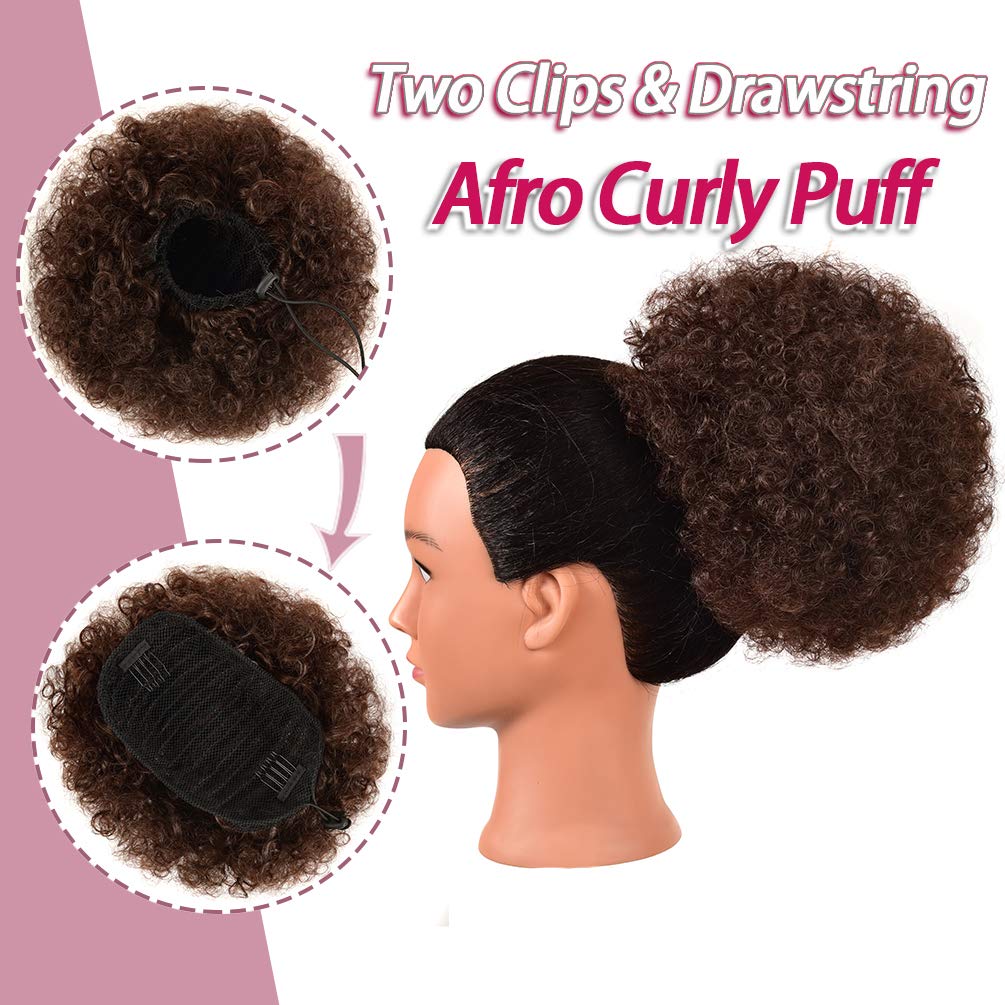 Rosmile Afro Puff Drawstring Ponytail Extension For Black Women, Premium Medium Brown #4 80 Gram Short Synthetic Afro Puff Ponyt