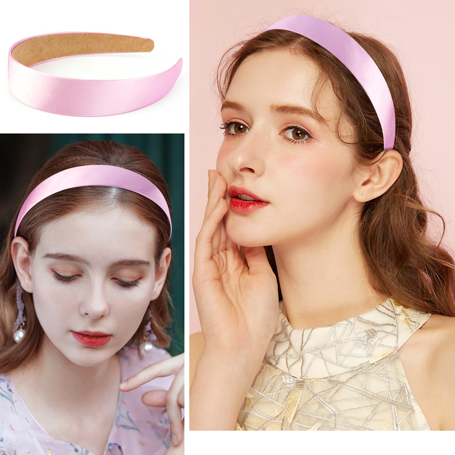 Atoden Satin Pink Headbands For Women Girls 1.18 Inch Wide Thin Hard Headbands Non Slip Ribbon Hair Bands Plain Headbands For Cr