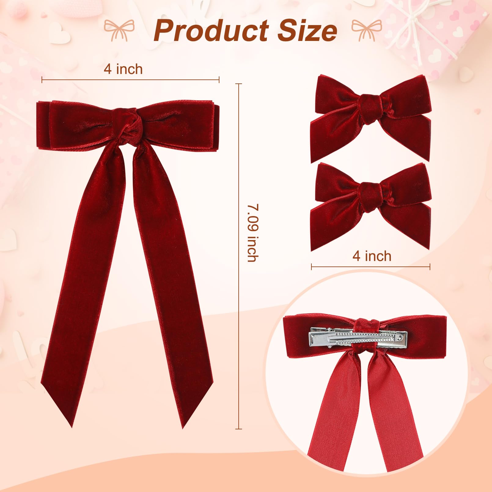3Pcs Velvet Hair Bow Red Hair Ribbon Clips For Women Girls Fall Alligator Hair Clips Hair Accessories Toddlers Kids Teens
