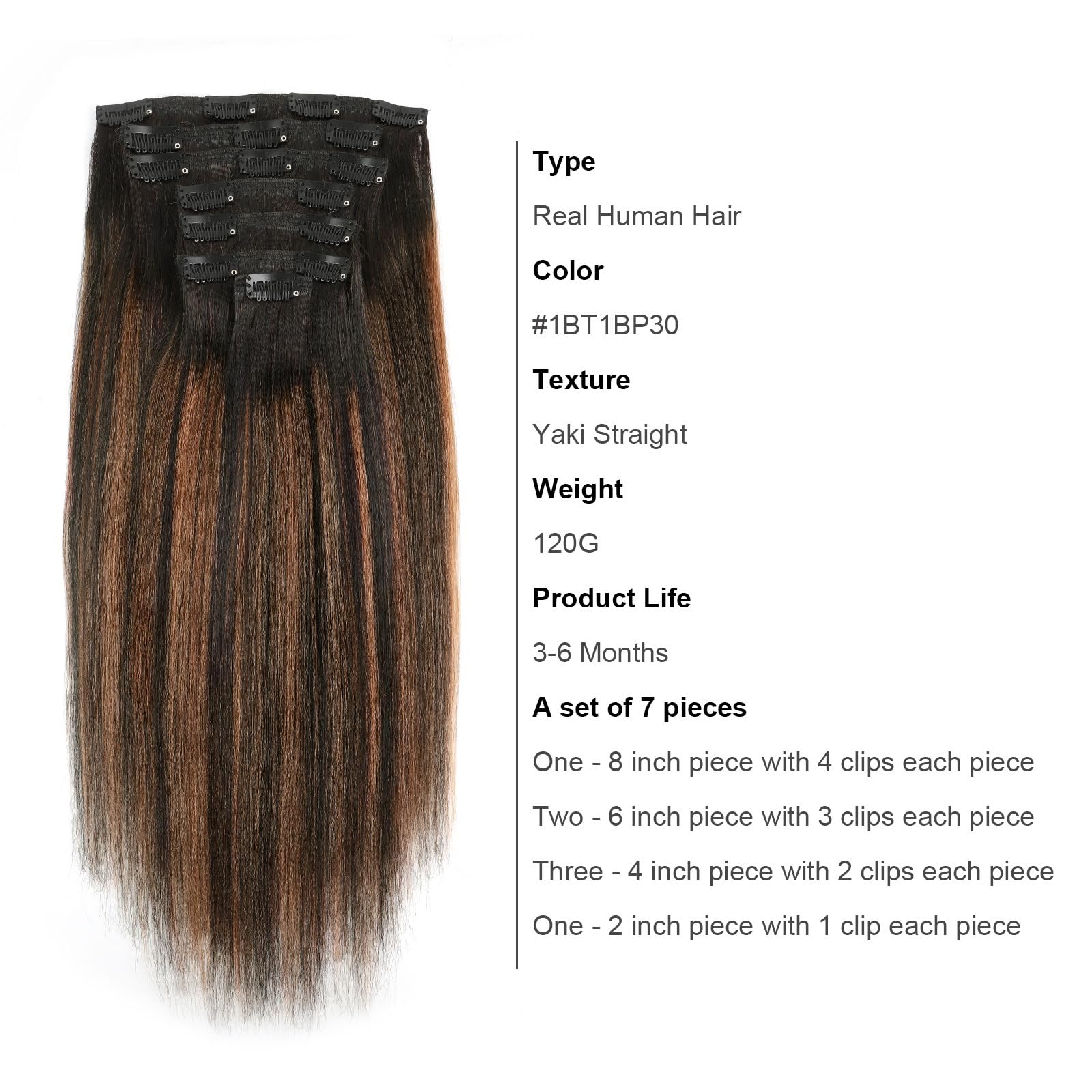 Abh Amazingbeauty Hair Yaki Straight Clip Ins Human Hair Rooted Black Piano Natural Black #1B Mixed With Light Auburn #30 Two To