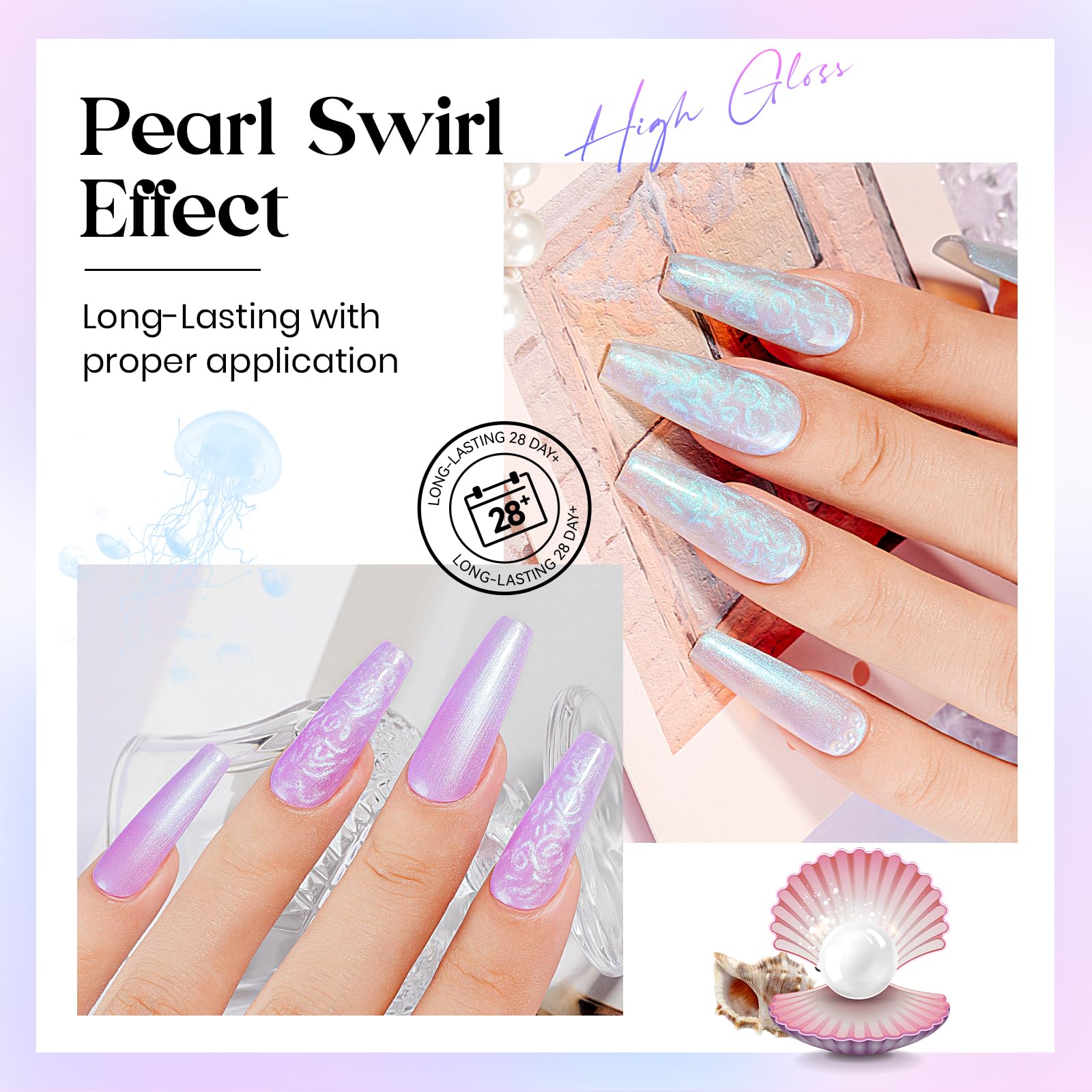 Mizhse Pearl Gel Nail Polish, 6 Colors Iridescent Mermaid Gel Polish Set, Drawing Nail Gel Shell Thread Effect Shimmer White Pin