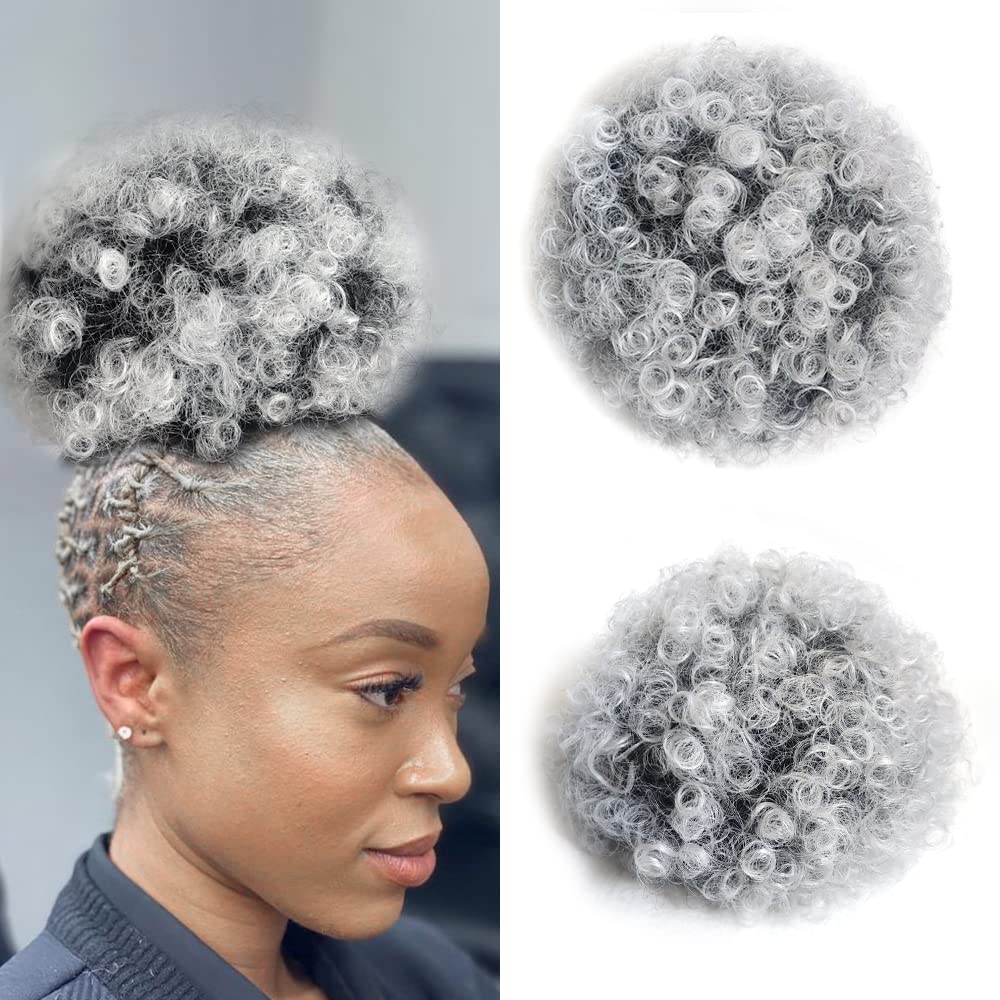 Yinmei Baibian Grey Afro Puff Drawstring Ponytail Hair Extensions 6 Inch Synthetic Hair for Black Women (1B/Grey)