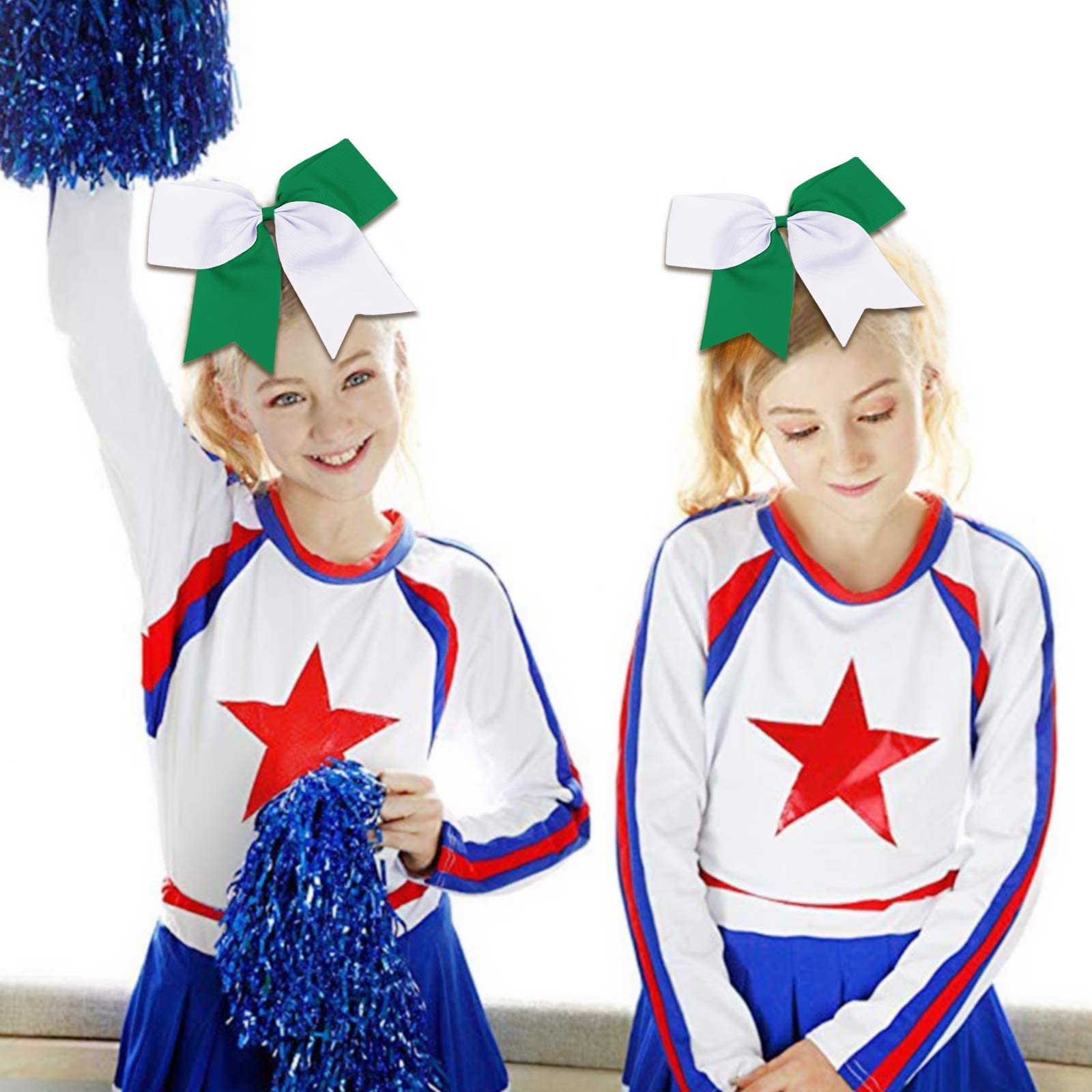 16Pcs 8 '' Large Cheer Hair Bows Ponytail Holder Elastic Band Handmade For Cheerleading Teen Girls College Sports (White/Forest