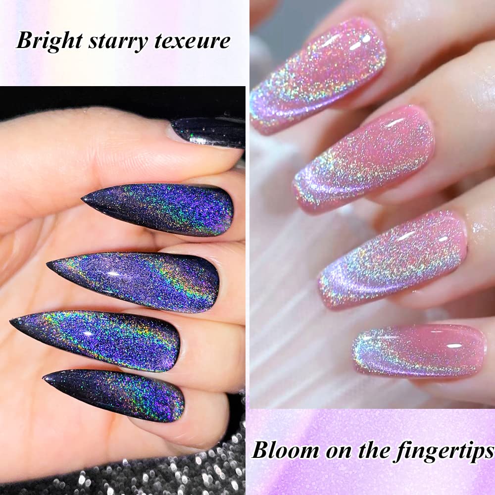 Mizhse Universal Rainbow Cat Eye Gel Nail Polish, Holographic 9D Cat Eye Magnetic Gel Polish With Magnet Stick, Shiny Glitter Ch