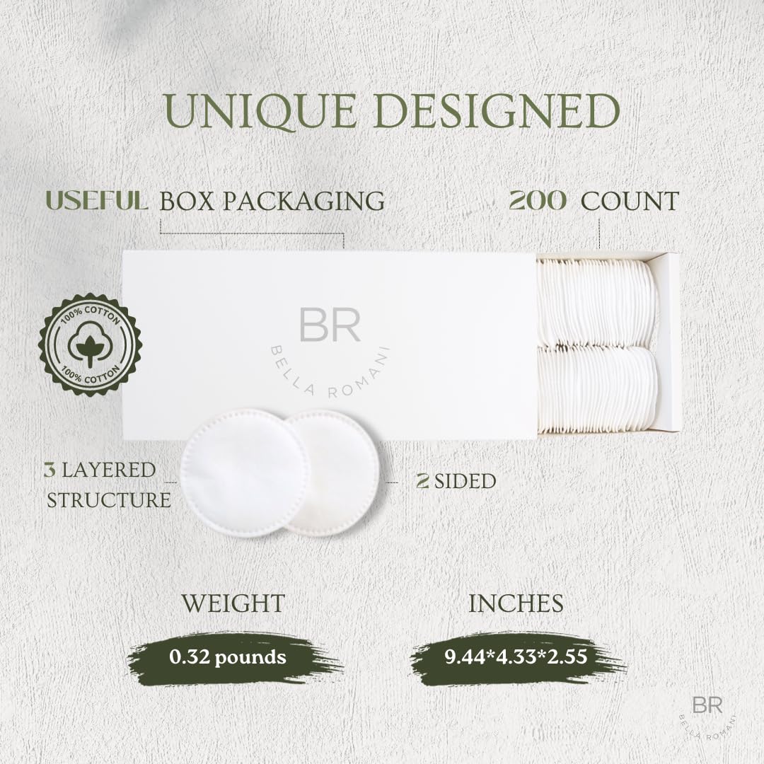 Bella Romani Cotton Rounds Makeup Remover Pads - Pack Of 200 - Organic Pads, Lint Free, Eco-Friendly, Compostable, Unique Triple