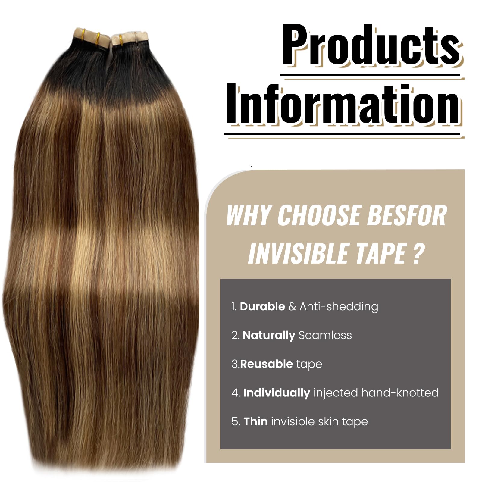 Highlight Brown Tape In Hair Extension 20Inch Dark Black To Medium Brown With Ash Blonde 50G 20Pcs Natural Human Hair Extensions