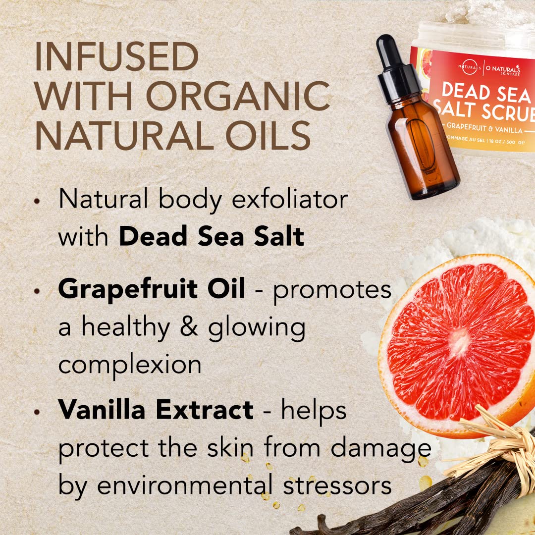 O Naturals Exfoliating Dead Sea Salt grapefruit Essential Oil Face Body & Foot Scrub wVanilla & Hydrating Exfoliate Dead Skin, M