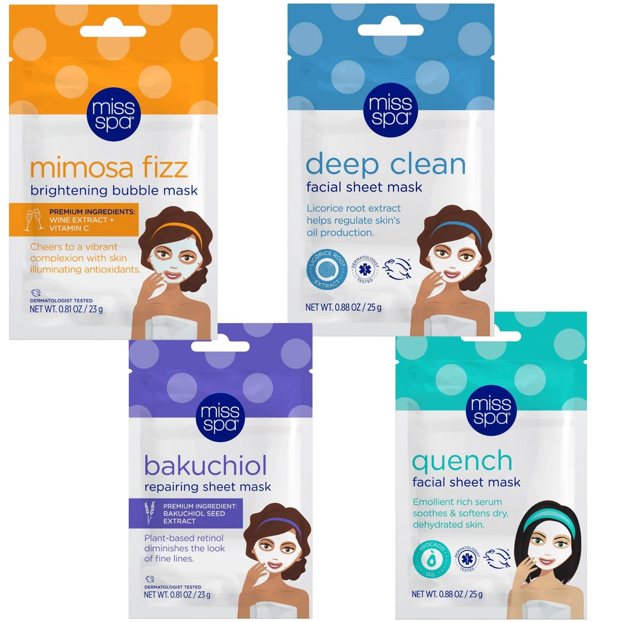 MISS SPA Face Mask Skin Care Set for Women, Deep Clean Face Mask, Quench, Mimosa fizz, Bakuchiol Facial Sheet Mask, AntiAging, 